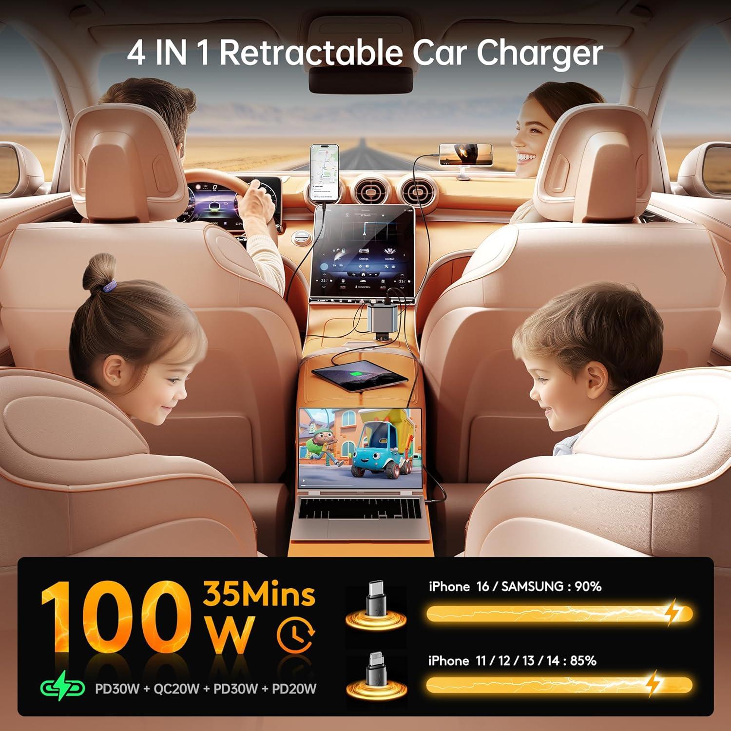 Cargador de Coche Retráctable GUSGU 100W 4 en 1 USB-C Lightning