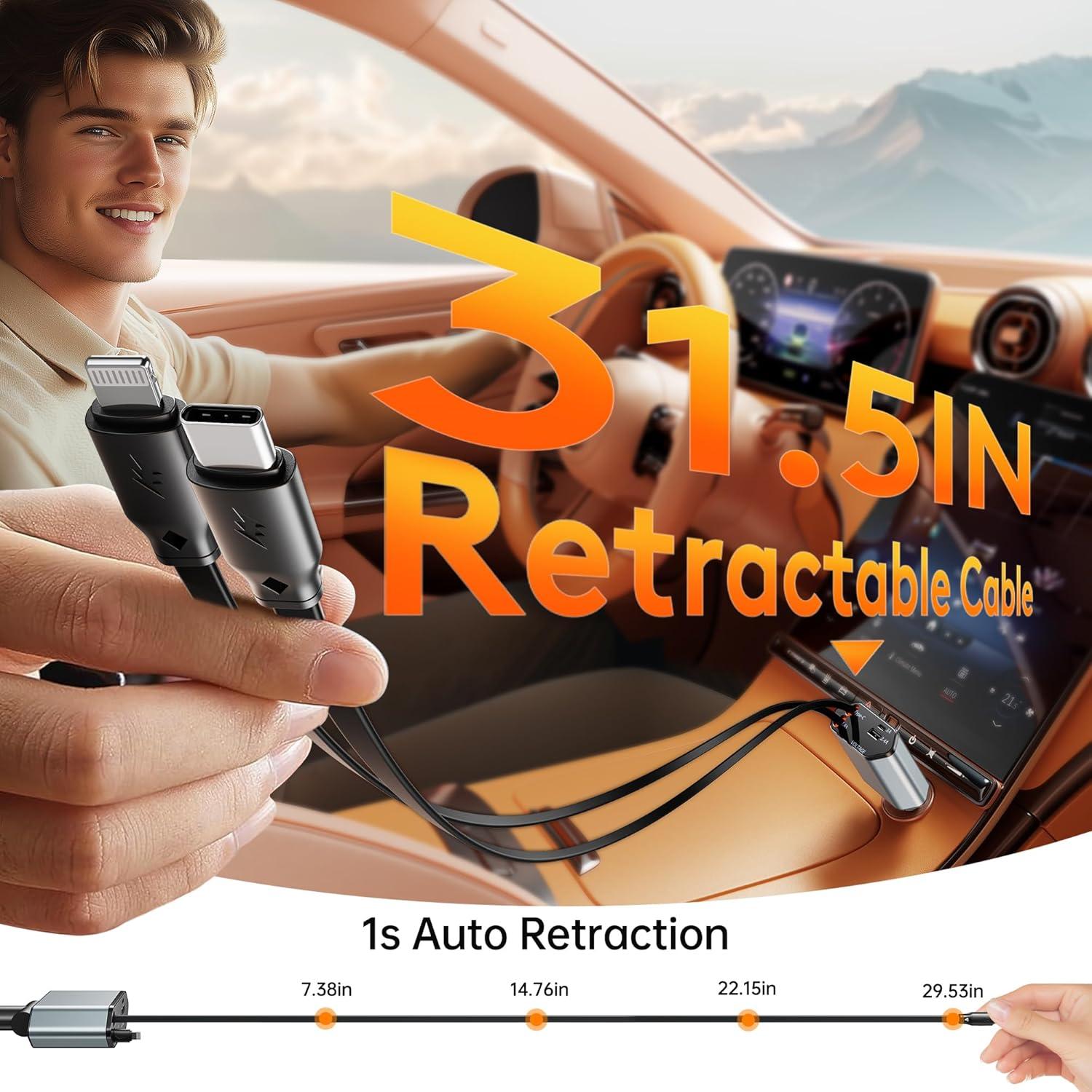 Cargador de Coche Retráctable GUSGU 100W 4 en 1 USB-C Lightning