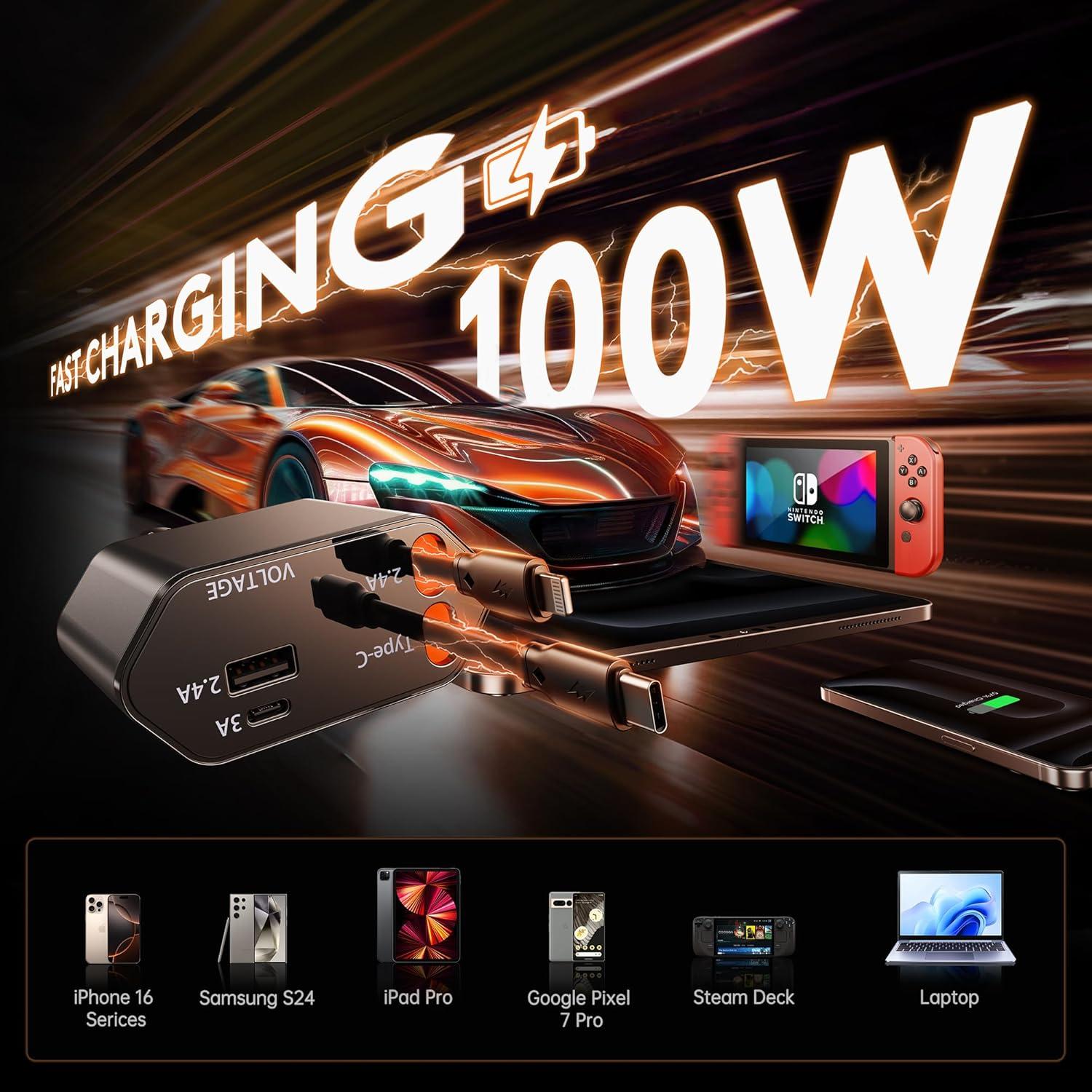 Cargador de Coche Retráctable GUSGU 100W 4 en 1 USB-C Lightning