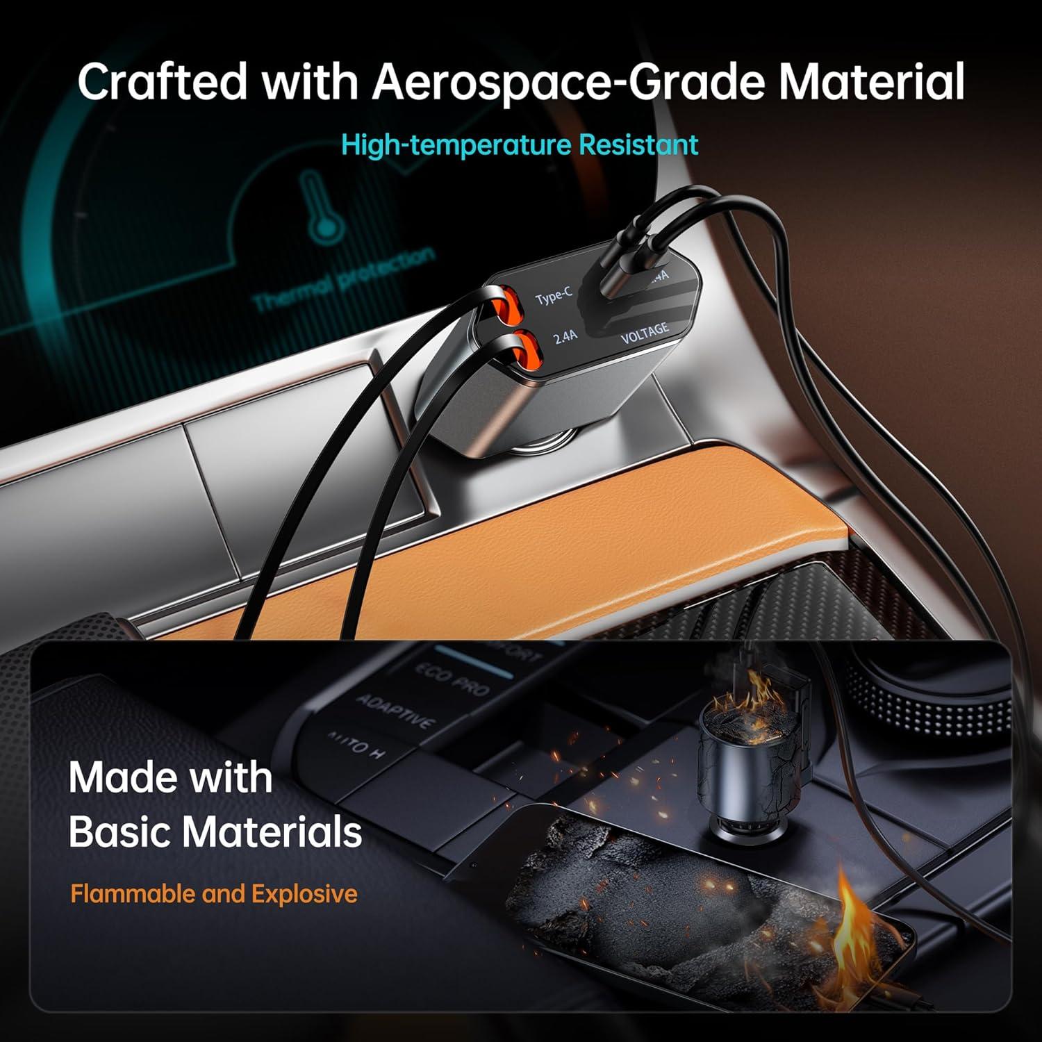 Cargador de Coche Retráctable GUSGU 100W 4 en 1 USB-C Lightning