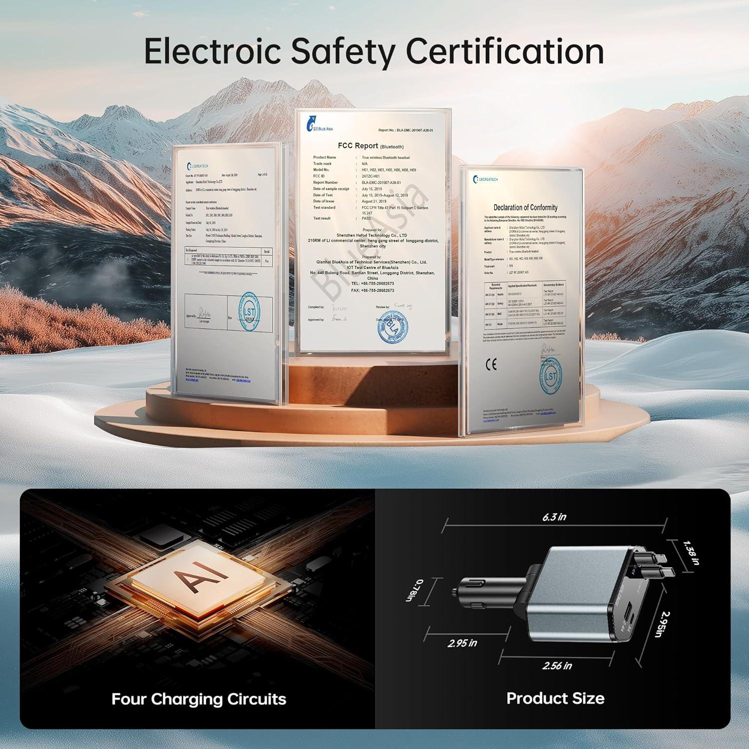 Cargador de Coche Retráctable GUSGU 100W 4 en 1 USB-C Lightning