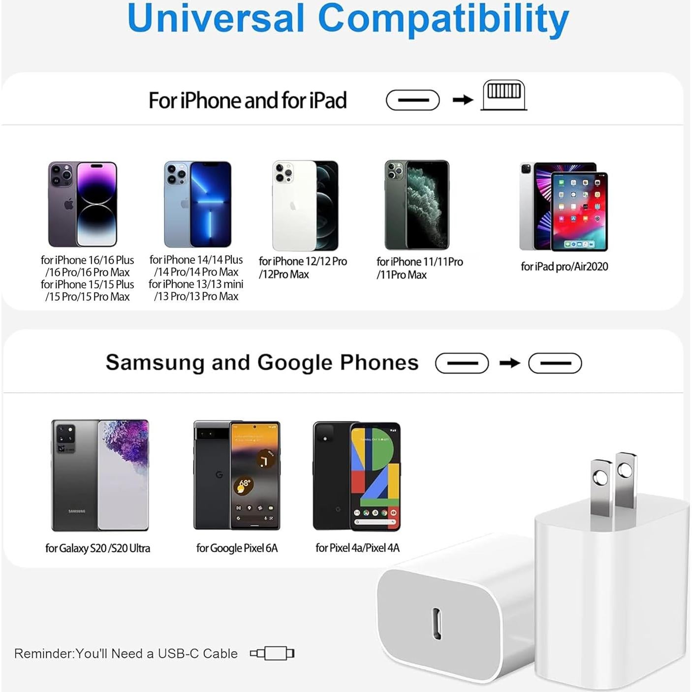 Cargador Rápido USB-C 20W 2Pack BSTOEM para iPhone 16/15/14