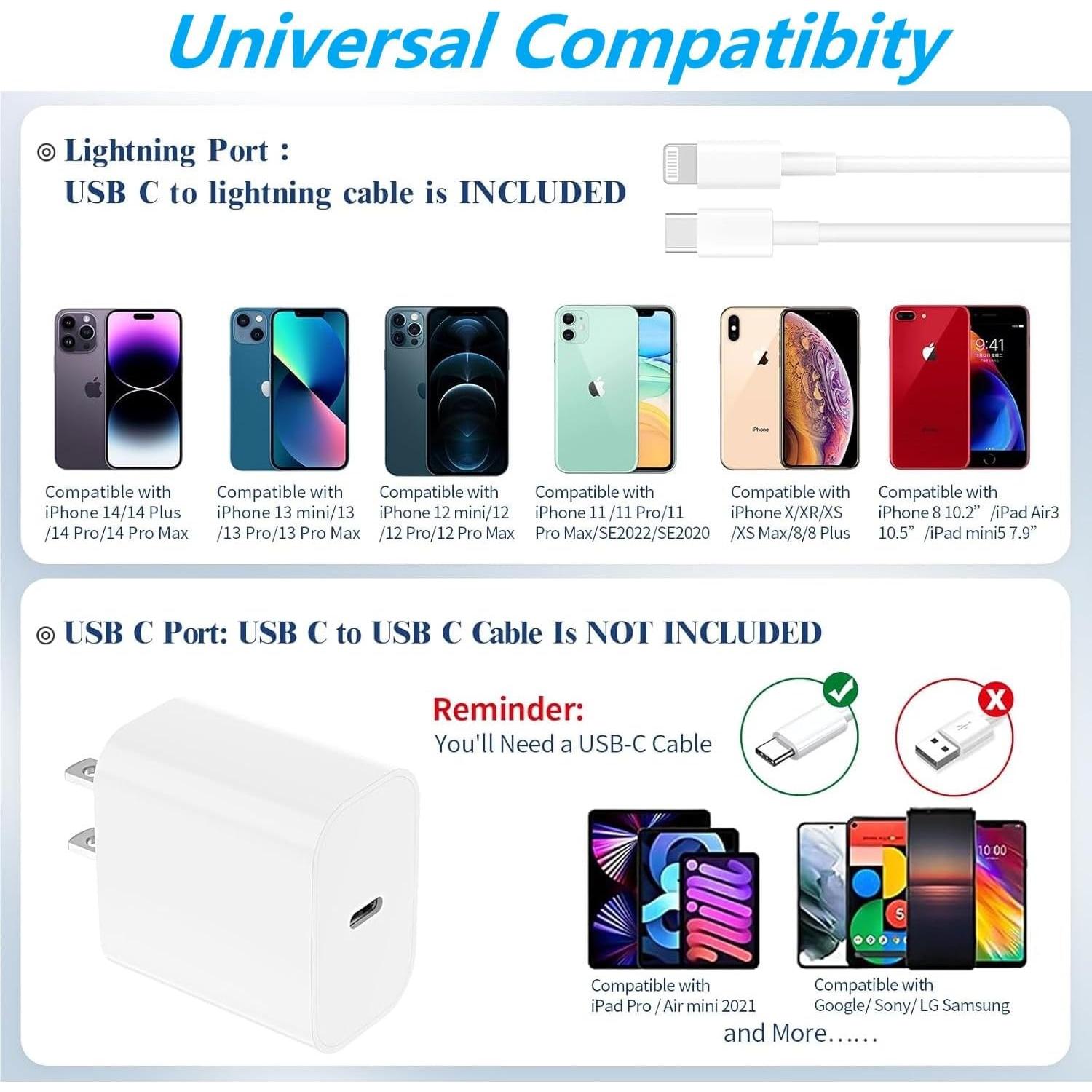 Cargador Rápido 20W USB-C con Cable Lightning 6 pies - iPhone