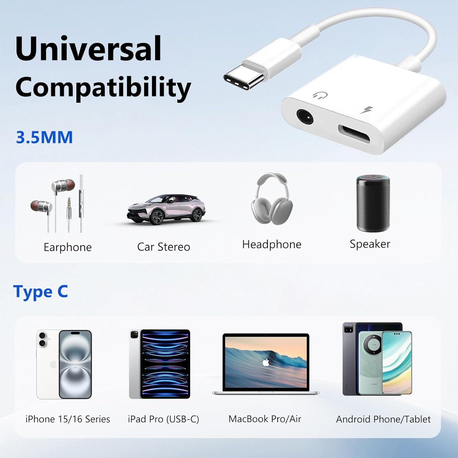 Adaptador USB C a 3.5mm y Cargador Seulliya 2 en 1 - iPhone, Android