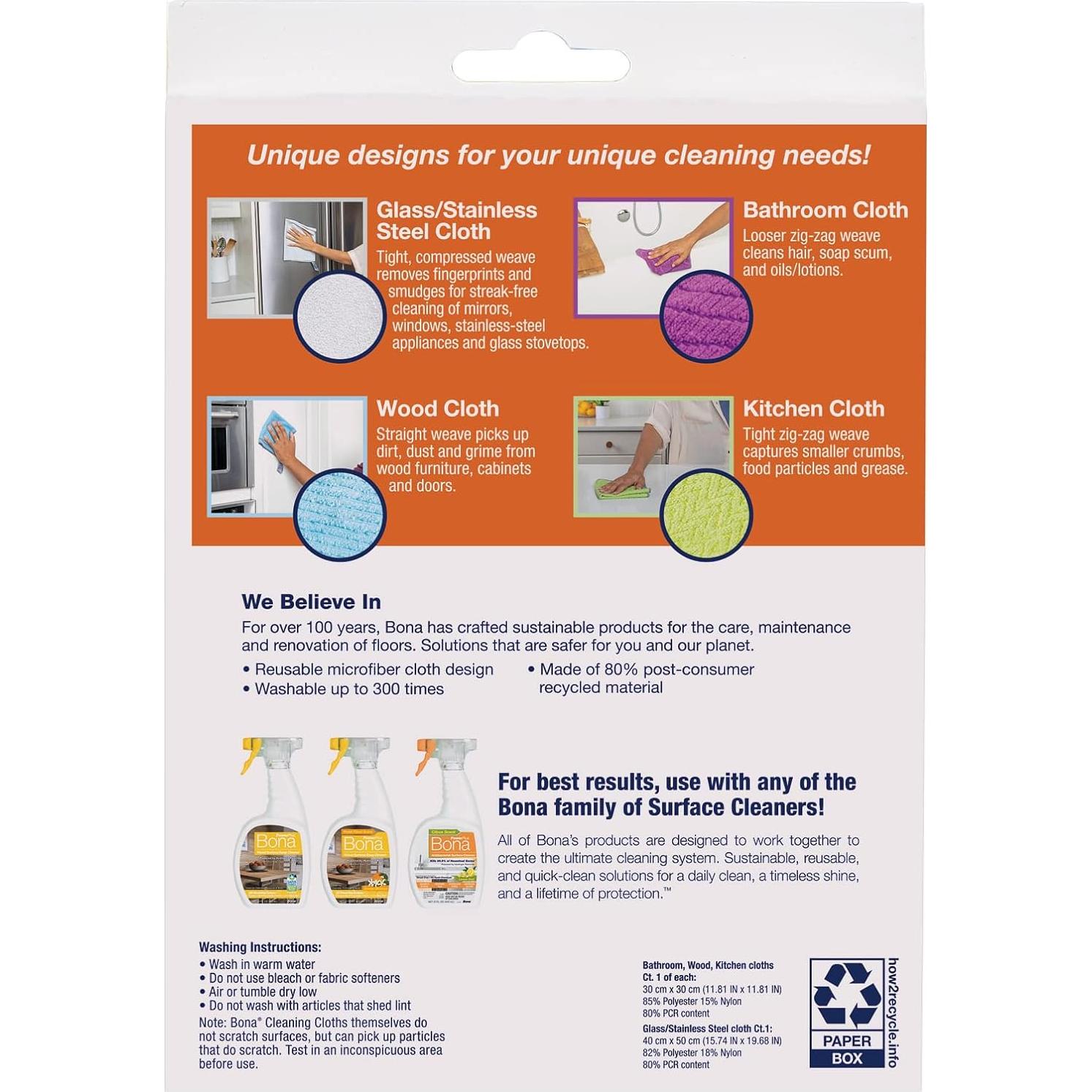 Paquete de 4 Paños de Microfibra Bona para Limpieza Eficaz