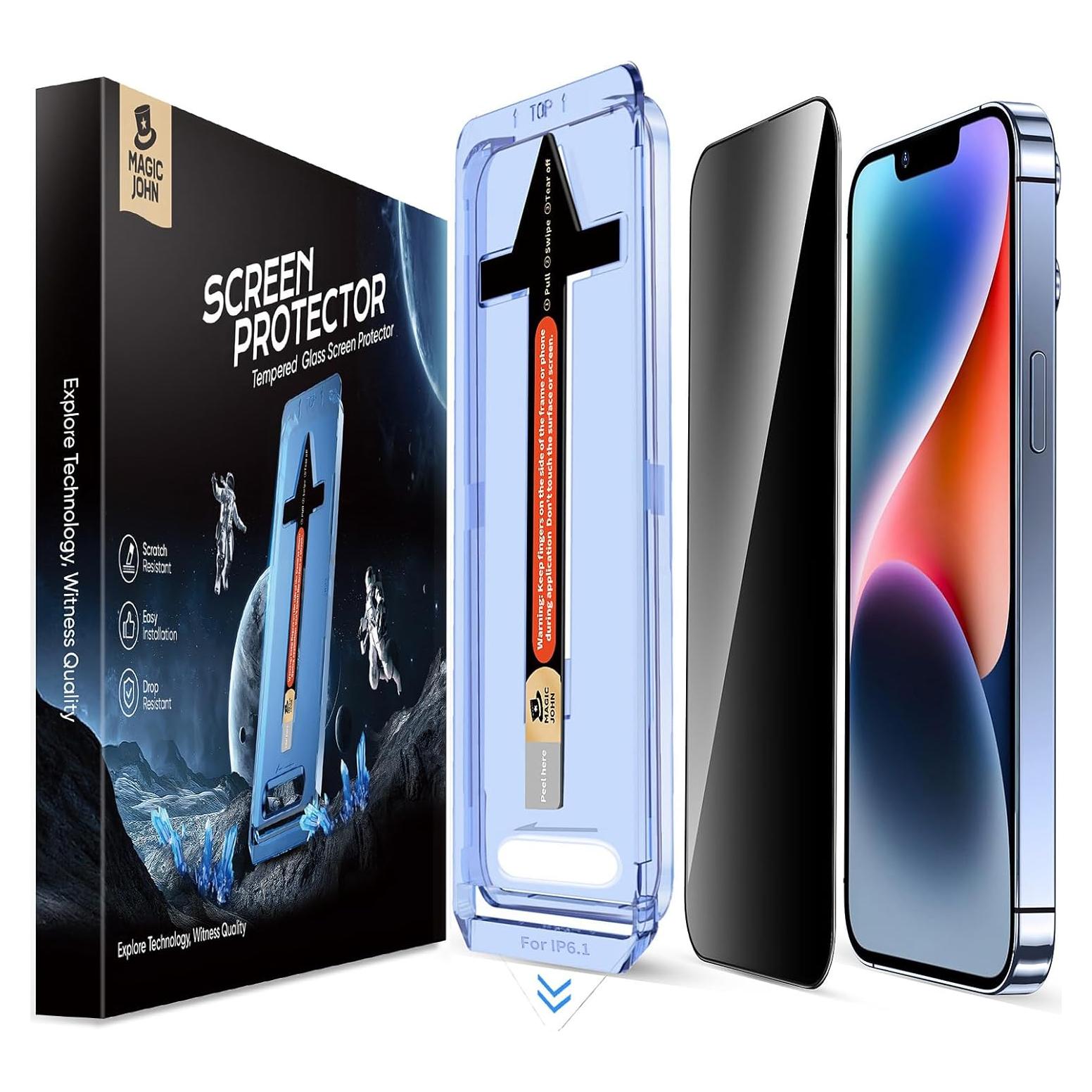 MAGIC JOHN 2 Pack for iPhone 13/13Pro/14/16e 6.1 inch Privacy Glass Screen Protector, Auto Dust-Elimination, Bubble Free, Easy Installation