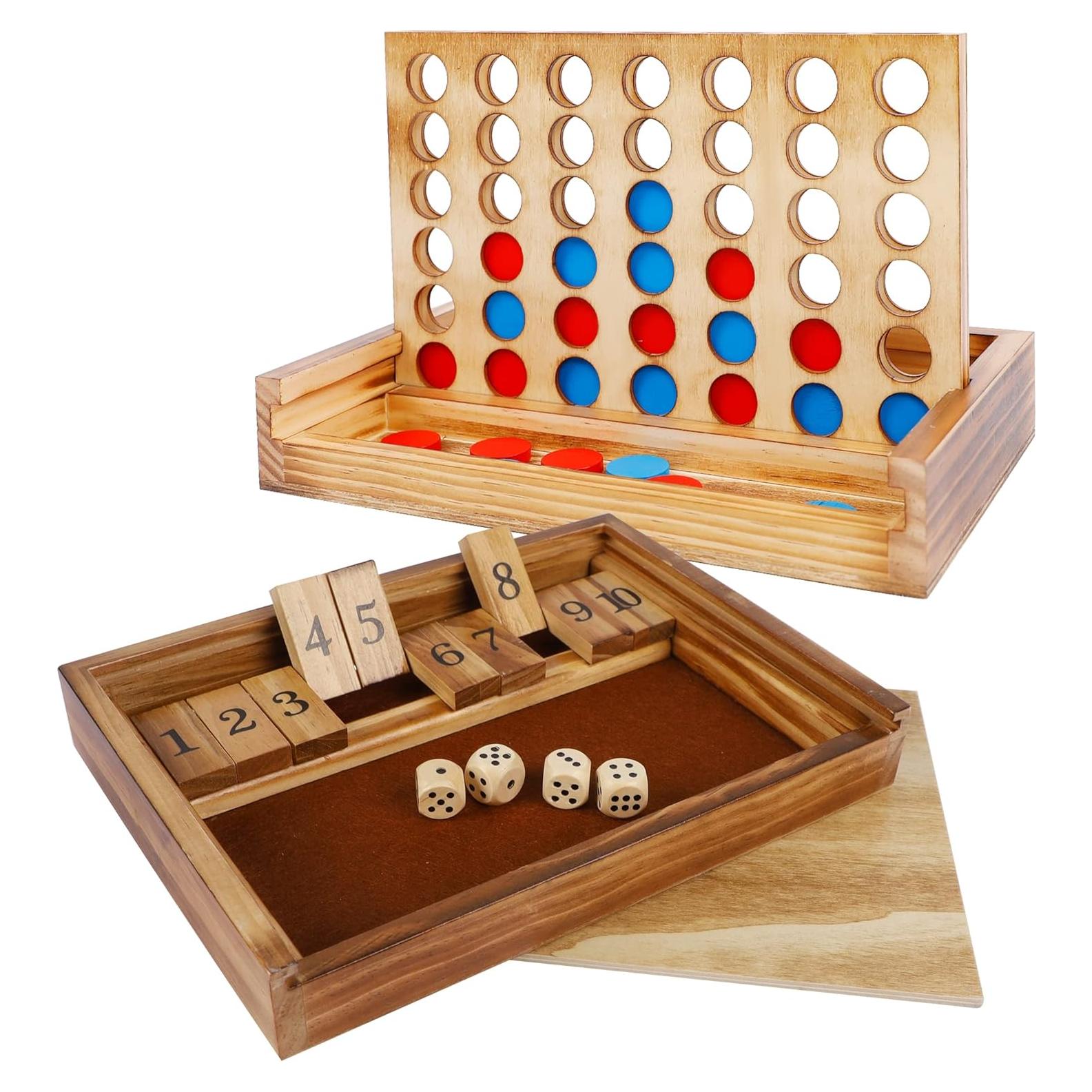 Glintoper Shut The Box & 4 in a Row Tables Game Set, Classic Wood Dice Game with Numbers & Line Up 4 Game for Kids Family, Living Room Rustic Coffee Table Decor, Travel Game Strategy Board Games