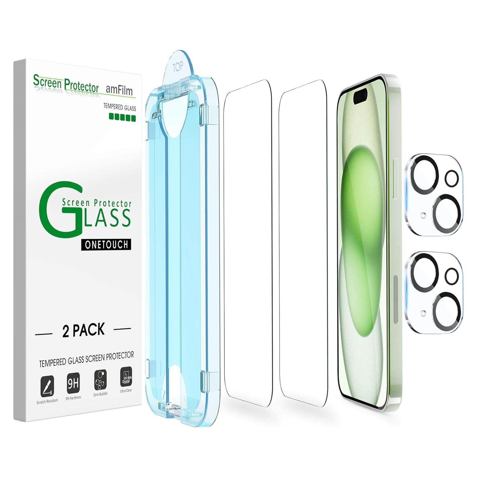 amFilm OneTouch 2+2 Pack for iPhone 15 Plus 6.7" Screen Protector Tempered Glass with Camera Lens Protector, Easiest Premium Installation Kit, Bubble Free, Case Friendly, 9H Hardness, Anti-Scratch
