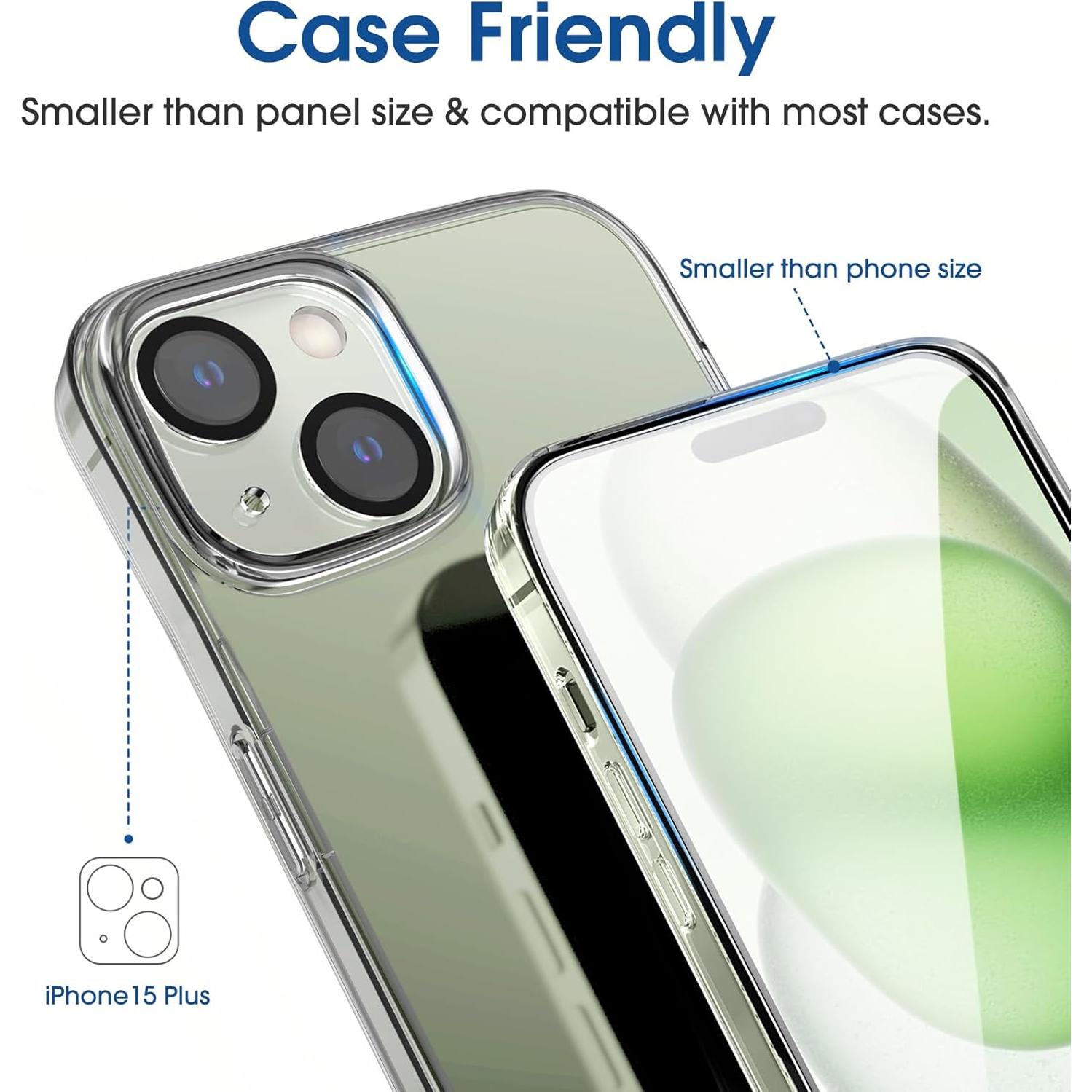 amFilm OneTouch 2+2 Pack for iPhone 15 Plus 6.7" Screen Protector Tempered Glass with Camera Lens Protector, Easiest Premium Installation Kit, Bubble Free, Case Friendly, 9H Hardness, Anti-Scratch