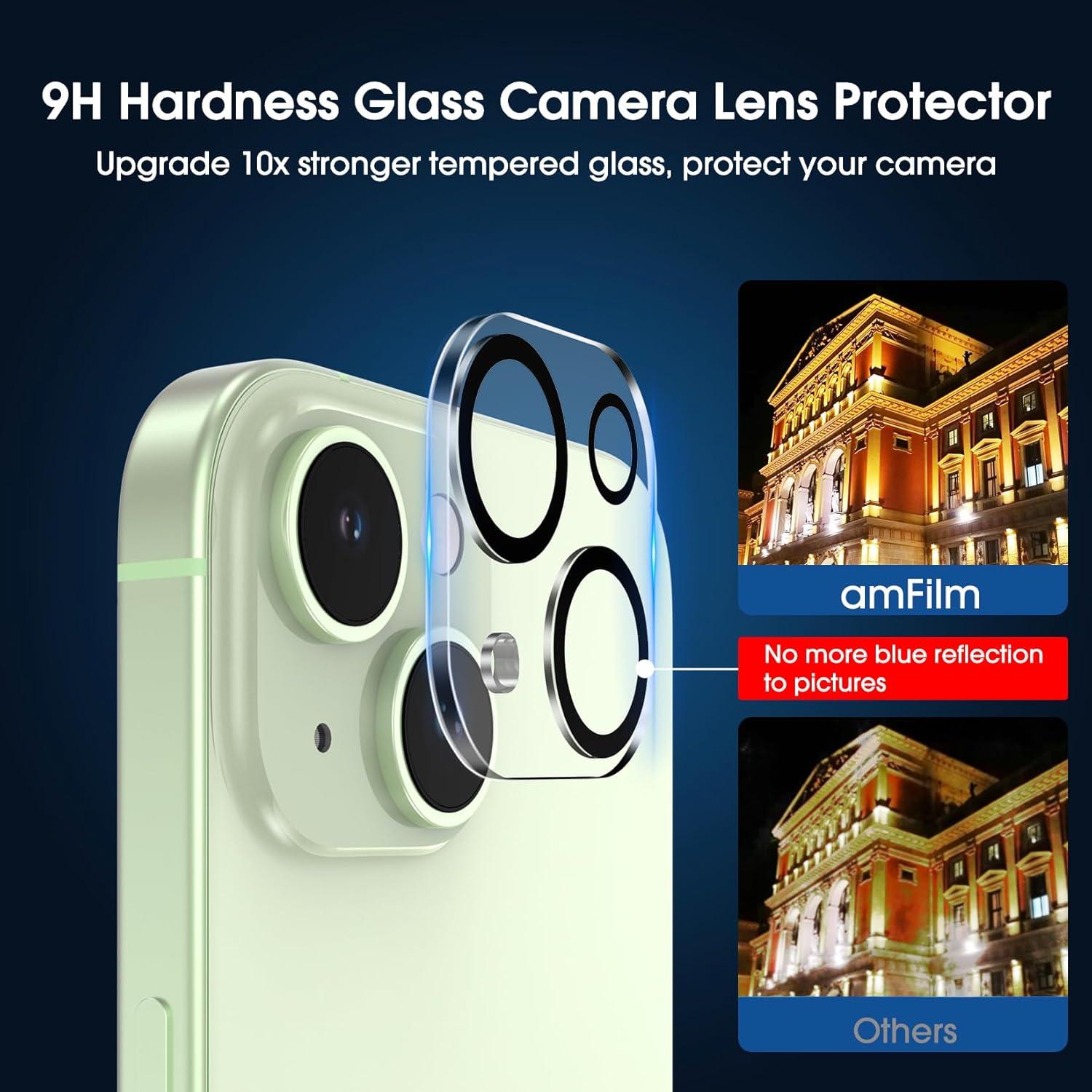 amFilm OneTouch 2+2 Pack for iPhone 15 Plus 6.7" Screen Protector Tempered Glass with Camera Lens Protector, Easiest Premium Installation Kit, Bubble Free, Case Friendly, 9H Hardness, Anti-Scratch