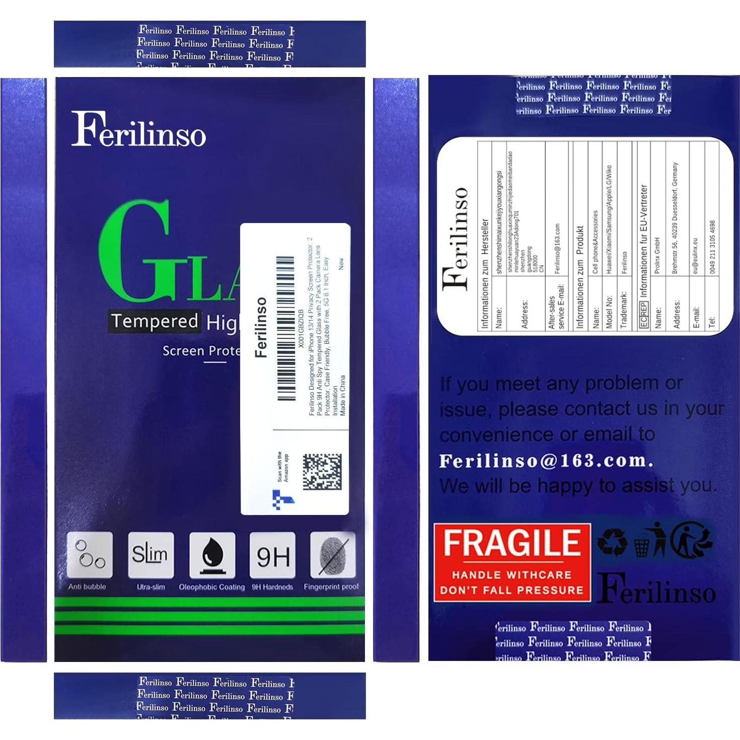 Protector de Pantalla Privada Ferilinso para iPhone 13/14 9H