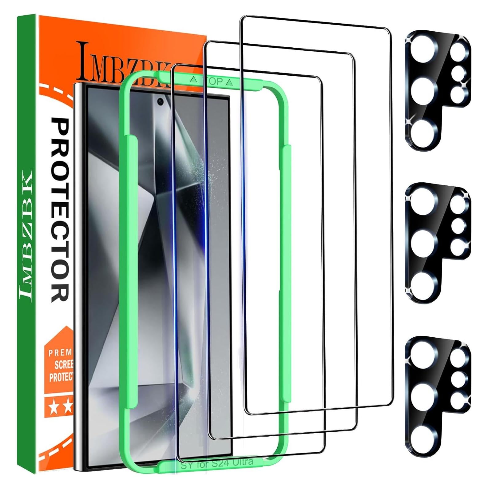 IMBZBK 3 Pack Screen Protector for Samsung Galaxy S24 Ultra Tempered Glass 3 Camera Lens Protector Accessories Case Friendly, Support Fingerprint Reader, Full Coverage