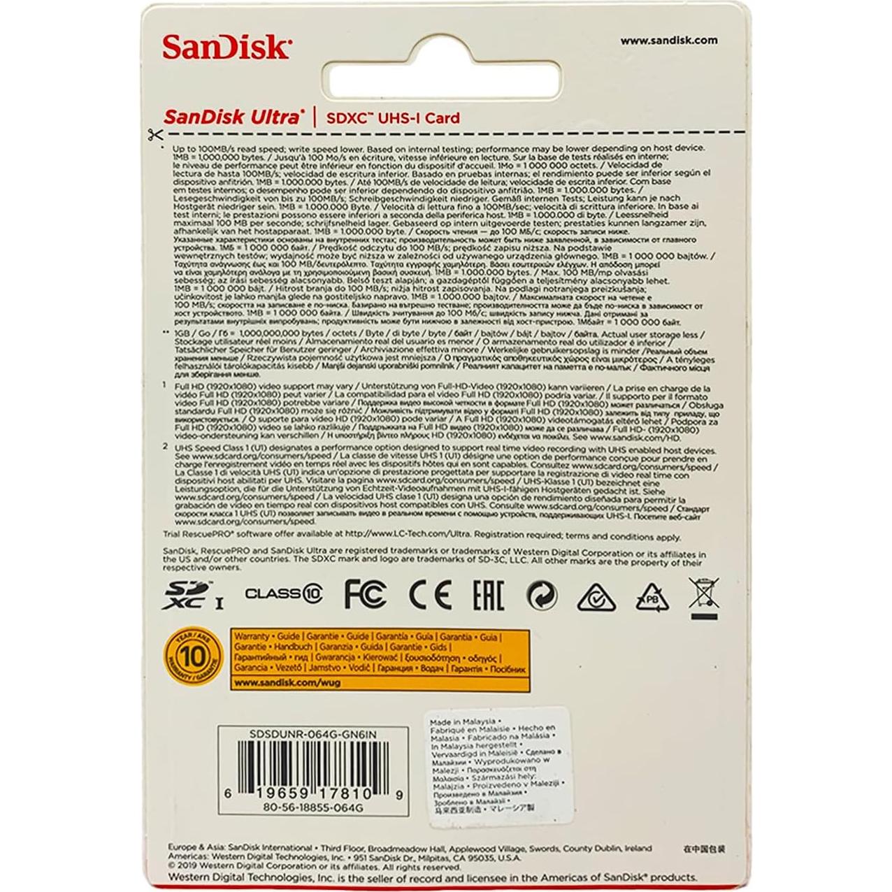 Tarjeta de Memoria SanDisk Ultra 64GB SDXC UHS-I 100MB/s