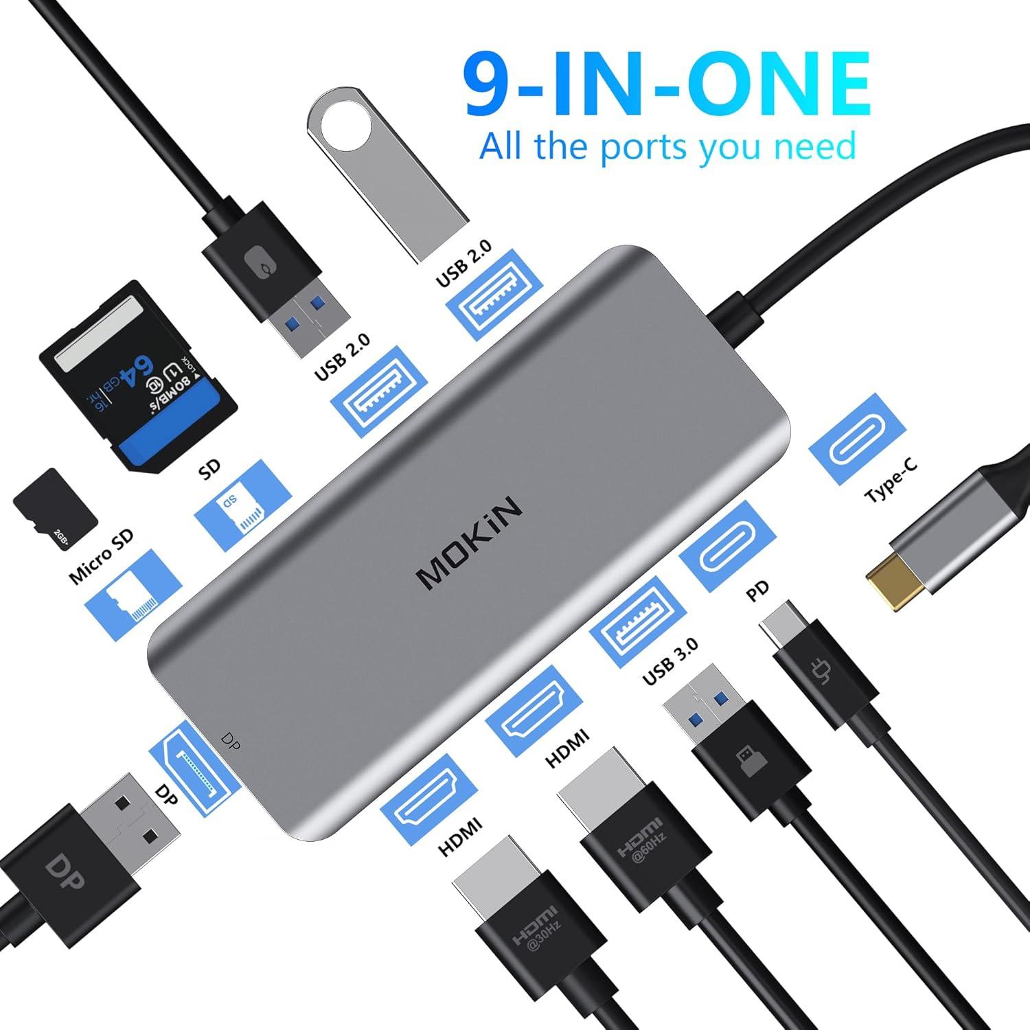 Hub USB-C MOKiN 9 en 1 con 2 HDMI 4K y DisplayPort