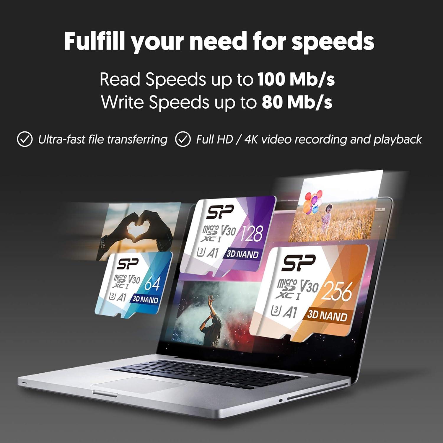 Silicon Power 256GB Micro SD Card U3 SDXC Up to 100MB/s High Speed Memory Card with Adapter for Nintendo-Switch, Cams and Drones