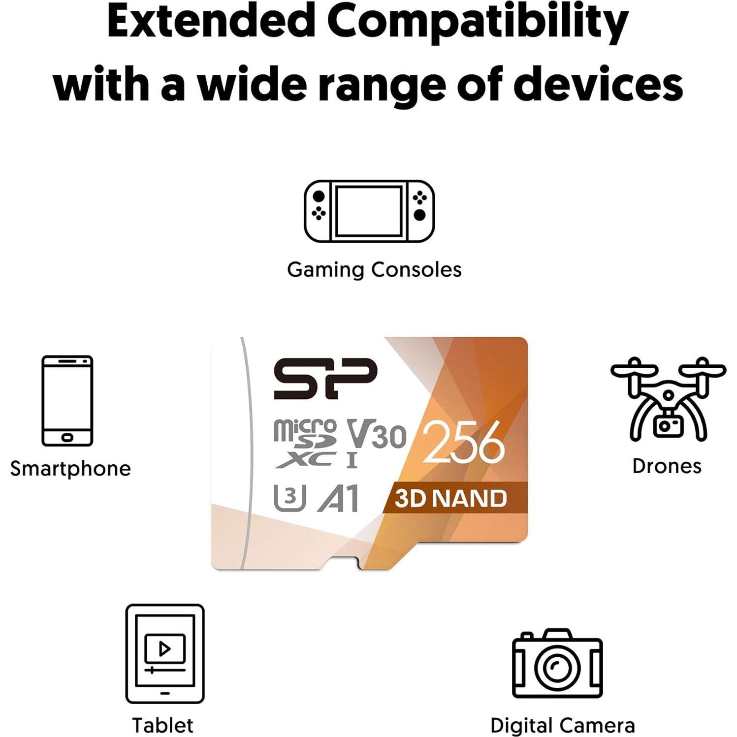 Silicon Power 256GB Micro SD Card U3 SDXC Up to 100MB/s High Speed Memory Card with Adapter for Nintendo-Switch, Cams and Drones