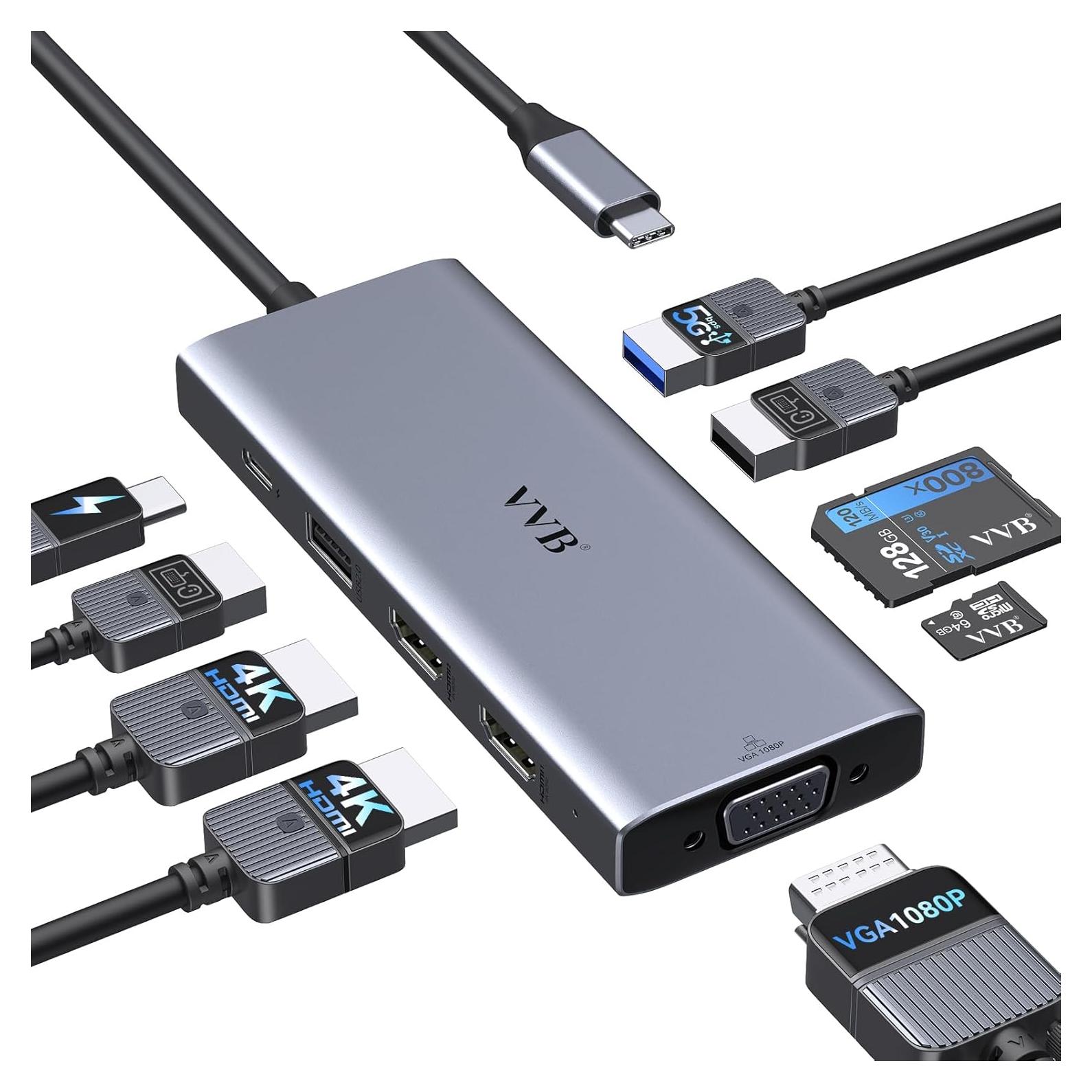 Adaptador USB C VVB 9 Puertos 2 HDMI 4K + VGA + PD 100W