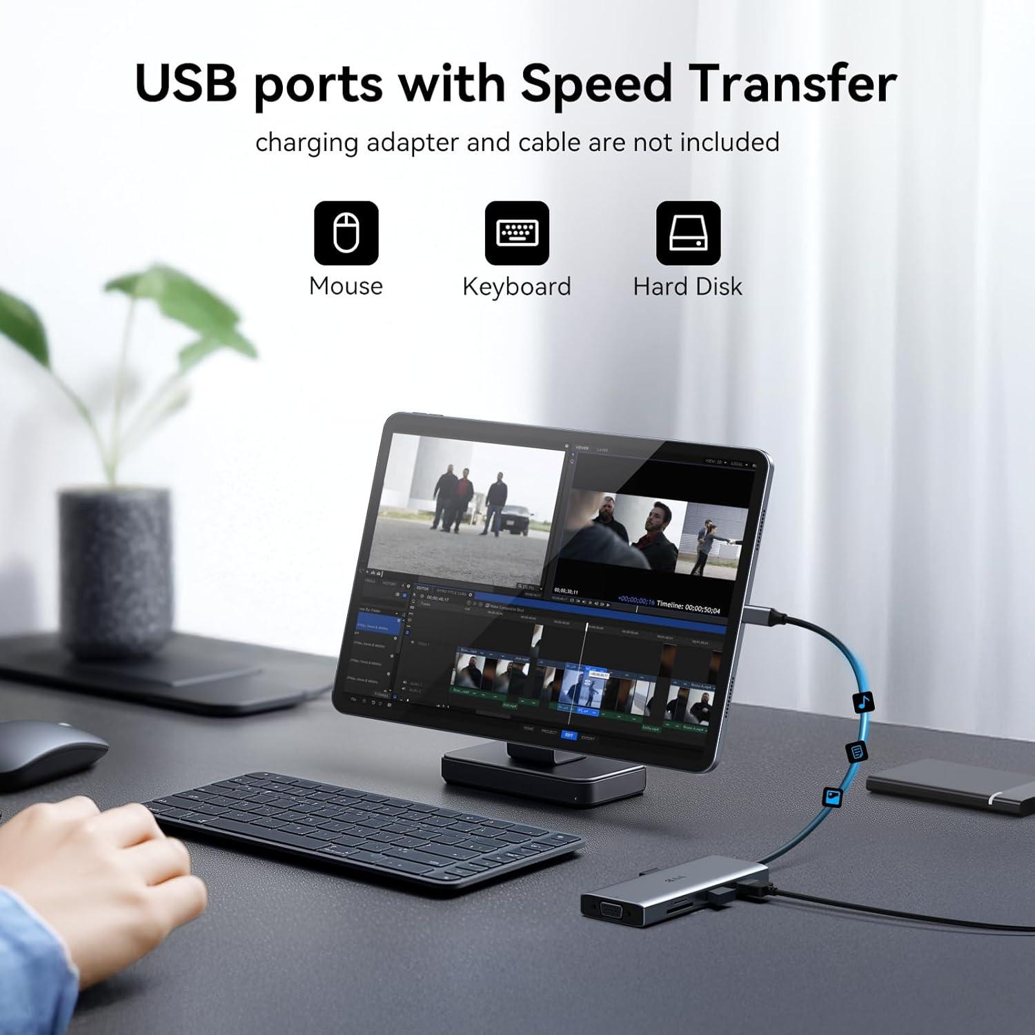 Adaptador USB C VVB 9 Puertos 2 HDMI 4K + VGA + PD 100W