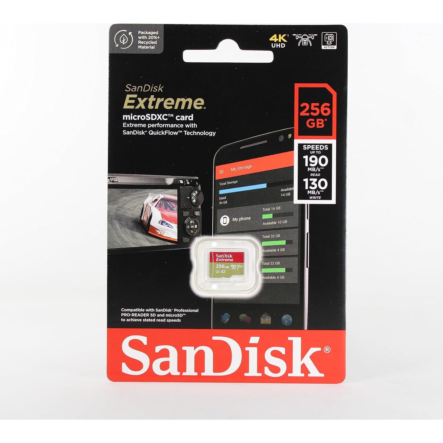 SanDisk 256GB Extreme MicroSDXC UHS-I Memory Card - C10, U3, V30, 4K, A2, Micro SD - SDSQXA1-256G-GN6MN