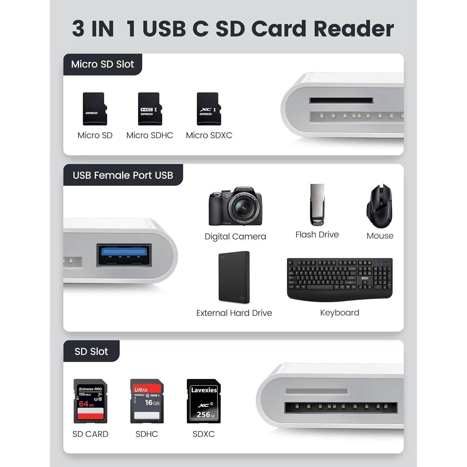 Lector de Tarjetas SD USB-C Genérico 3-en-1 para Android y Mac