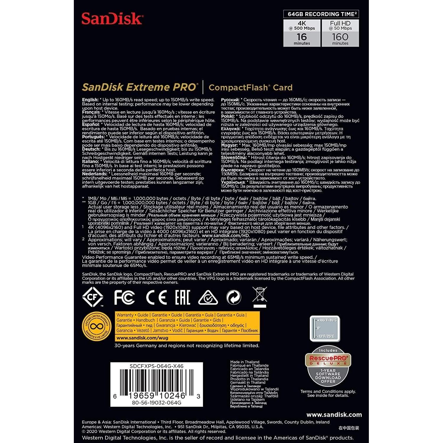 Tarjeta de Memoria SanDisk 64GB Extreme PRO UDMA 7 160MB/s