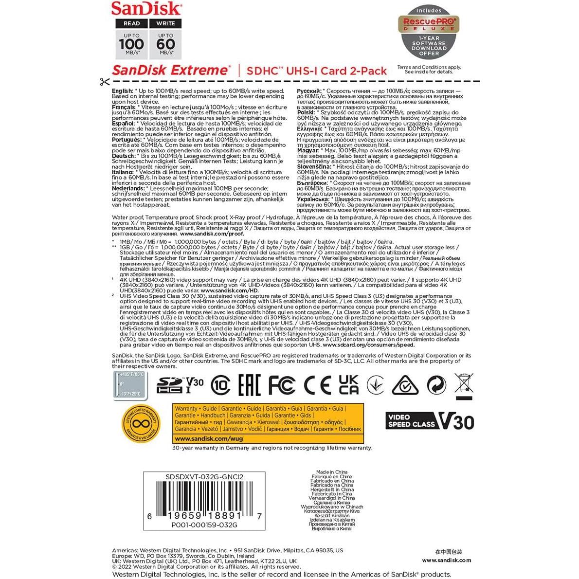 Tarjetas de Memoria SanDisk Extreme 32GB SDHC 2-Pack UHS-I