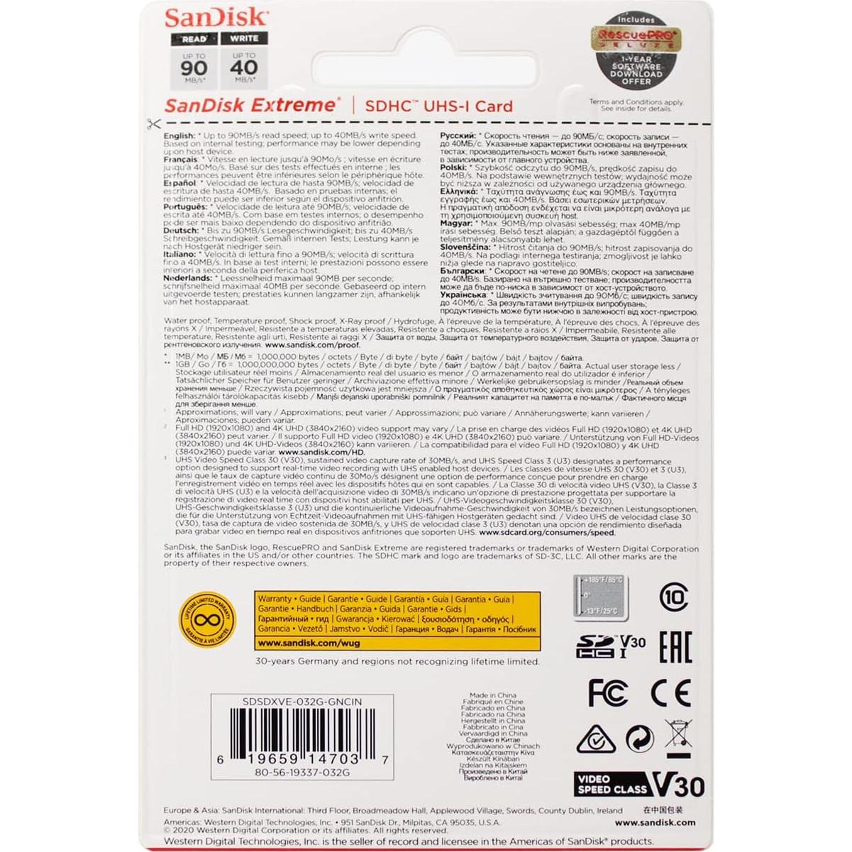 Tarjeta de Memoria SanDisk 32GB Extreme SDHC UHS-I 90MB/s