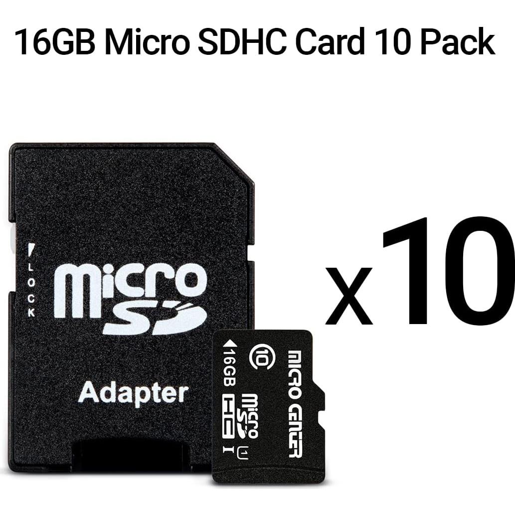 Micro Center 16GB Tarjeta MicroSDHC Clase 10 con Adaptador - 10 Paquete
