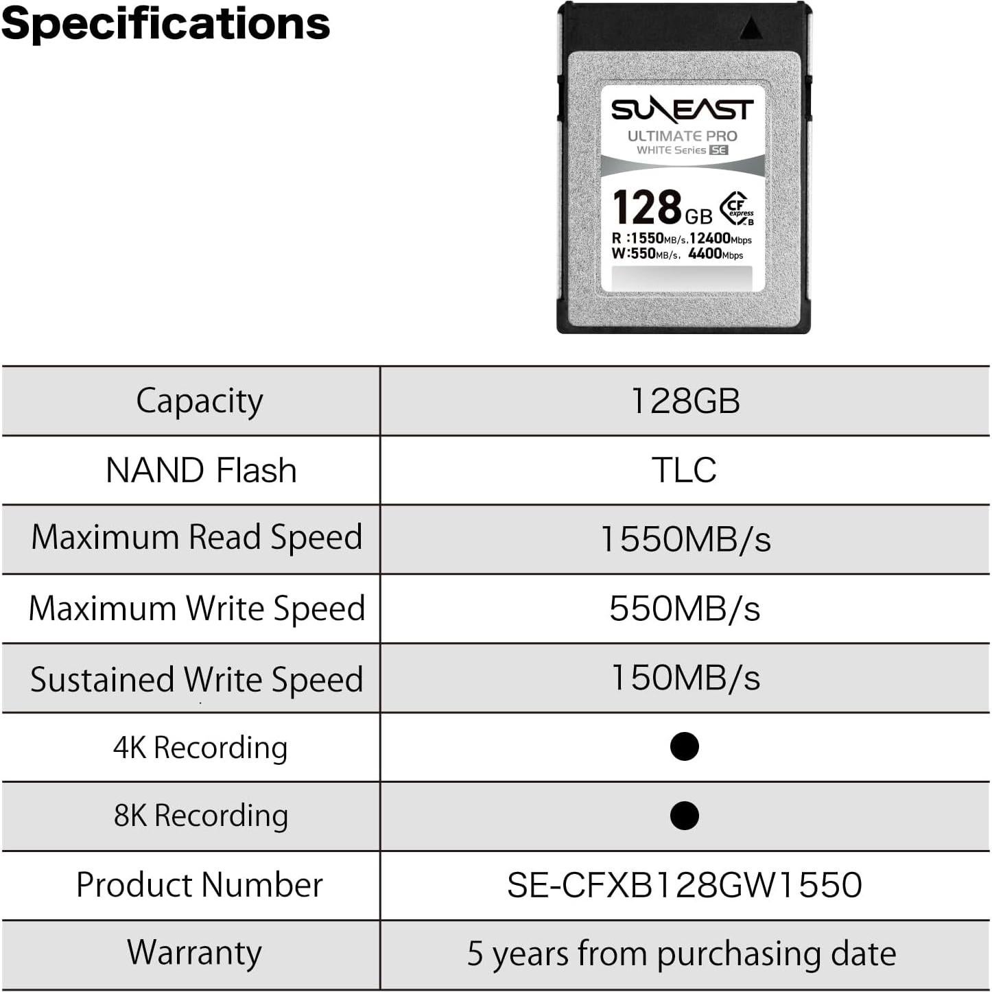 Tarjeta CFexpress Tipo B 128GB SUNEAST 8K 1550MB/s