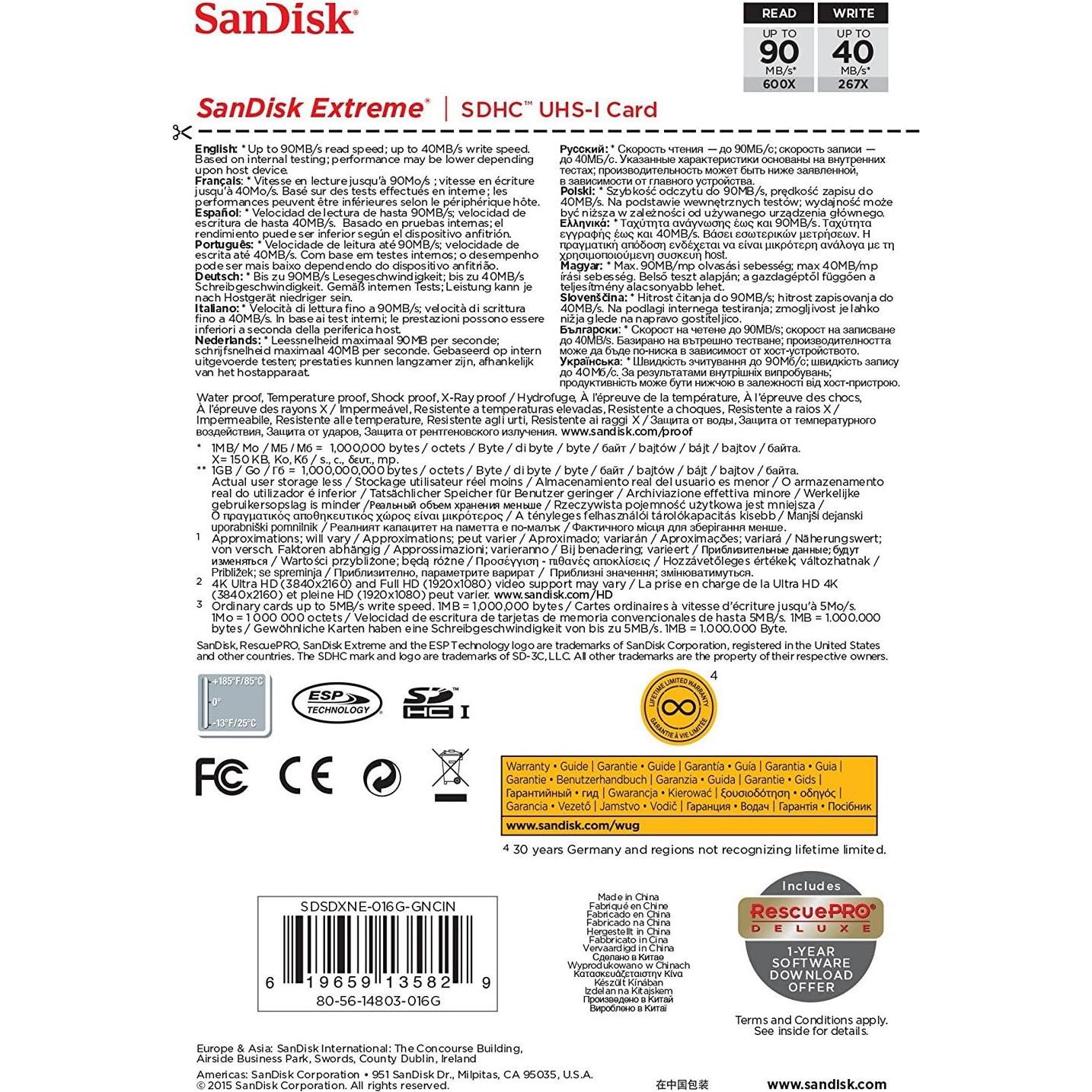 Tarjeta de Memoria SanDisk 16GB Extreme SDHC UHS-I 90MB/s