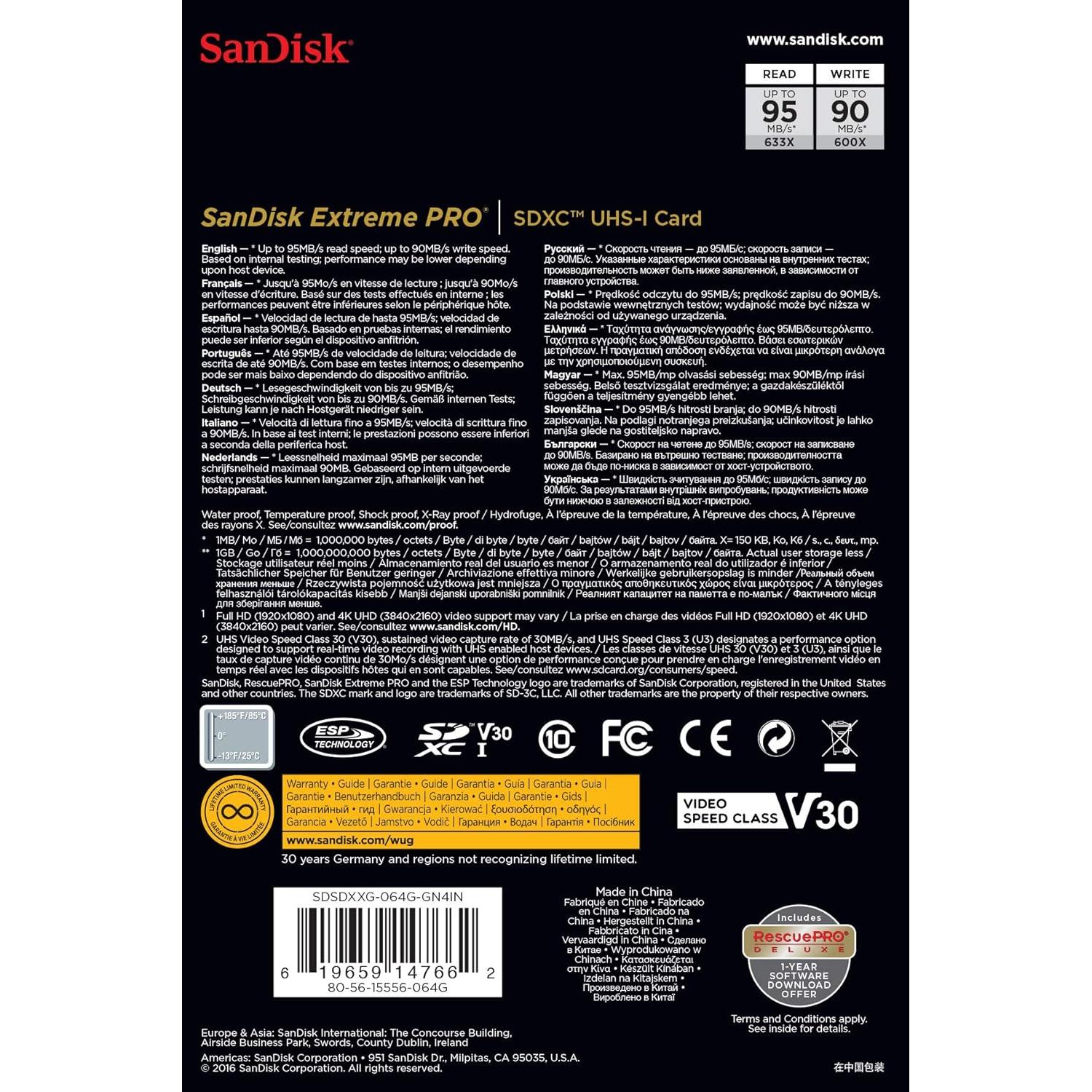 Tarjeta de Memoria SanDisk 64GB Extreme PRO SDXC UHS-I
