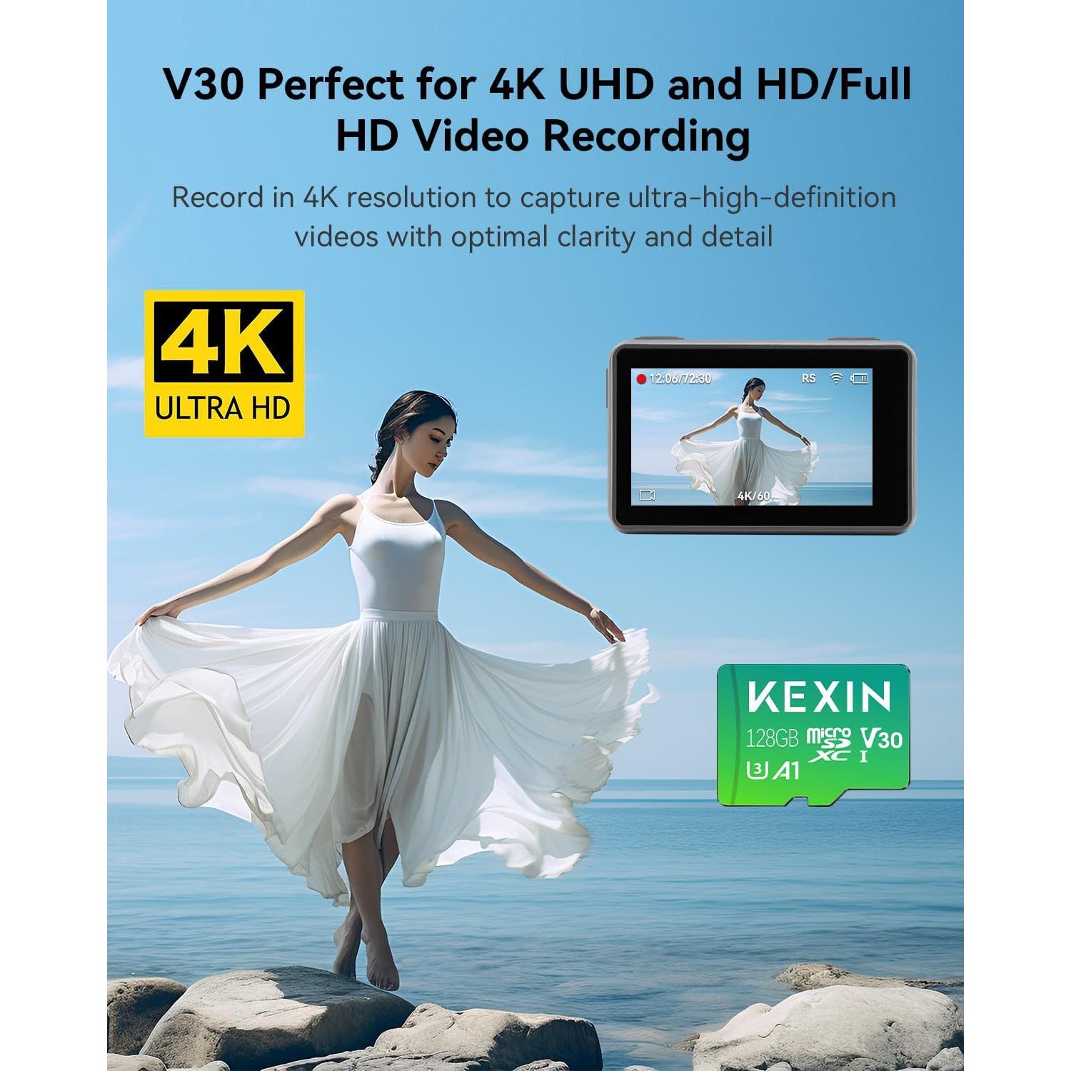 KEXIN Tarjeta Micro SD 128GB x3 con Adaptador - 90MB/s 4K