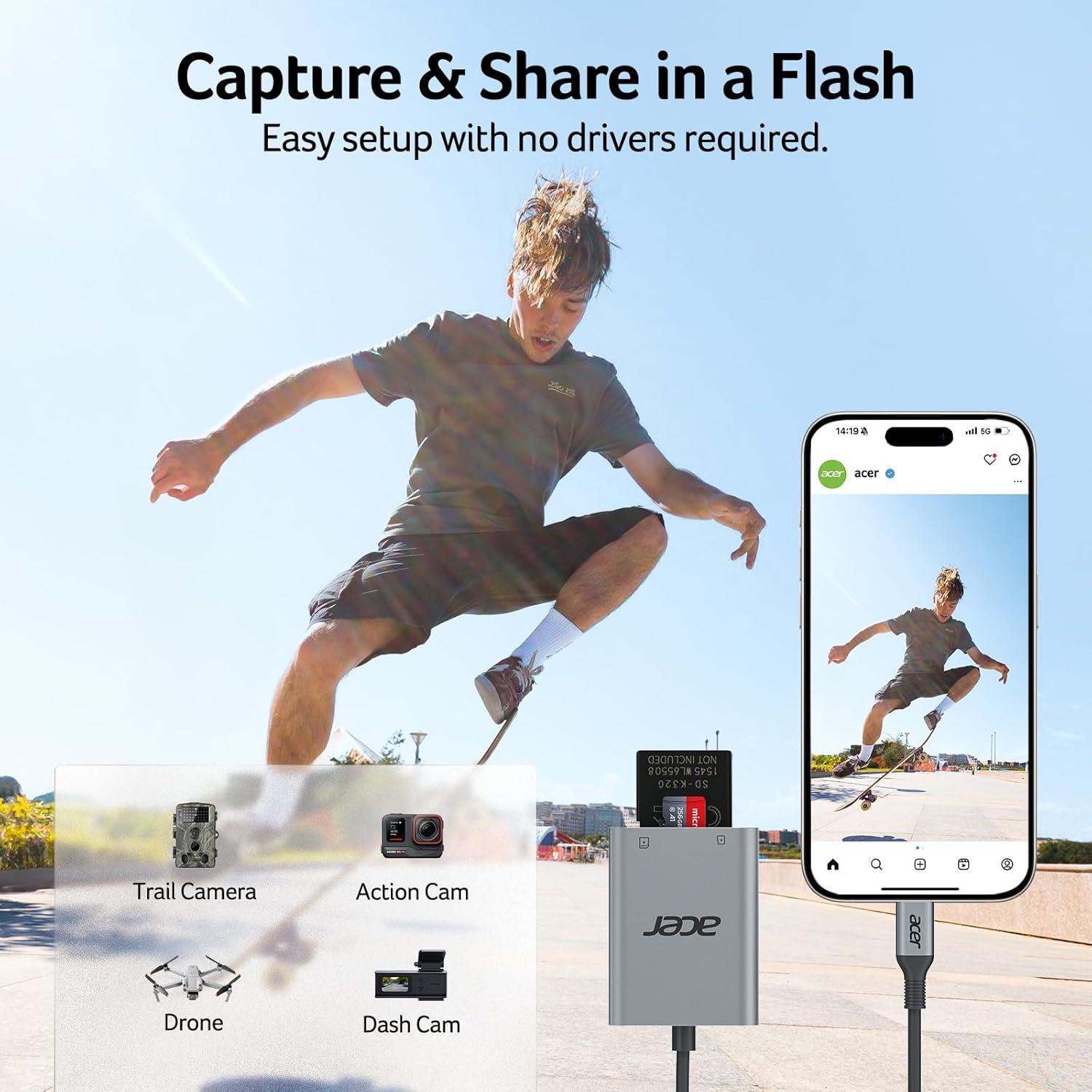 Lector de Tarjetas SD USB C Acer ODK4G0, Doble Ranura 5Gbps