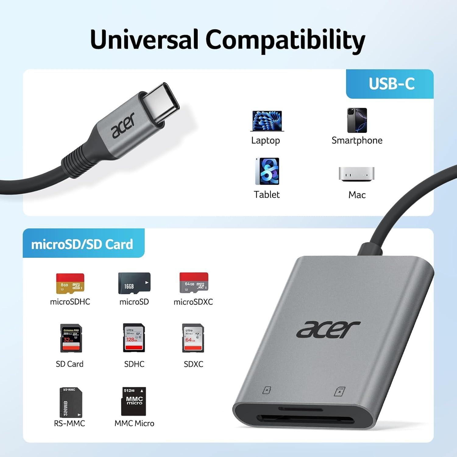 Lector de Tarjetas SD USB C Acer ODK4G0, Doble Ranura 5Gbps