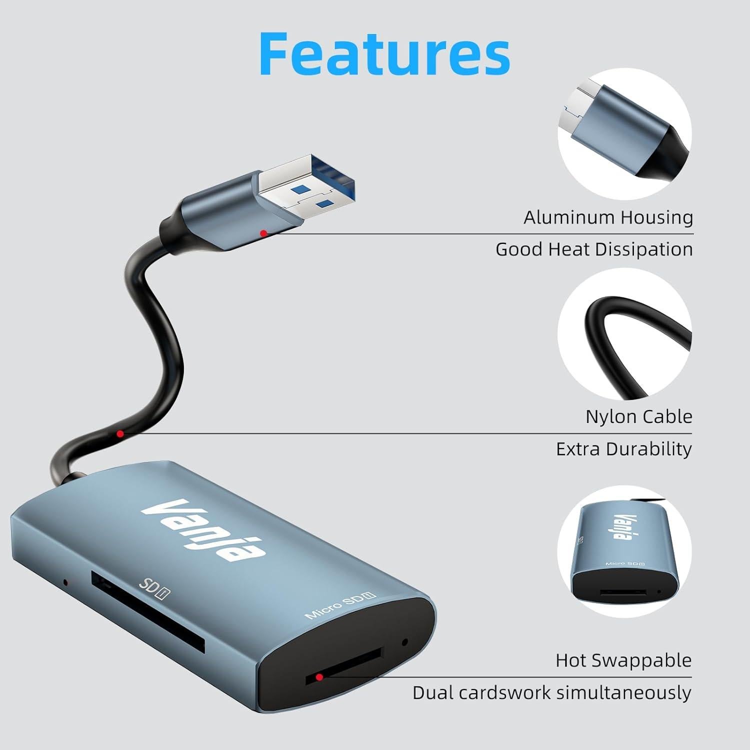 Lector de Tarjeta SD Vanja USB 3.0 2 en 1 para SD y MicroSD