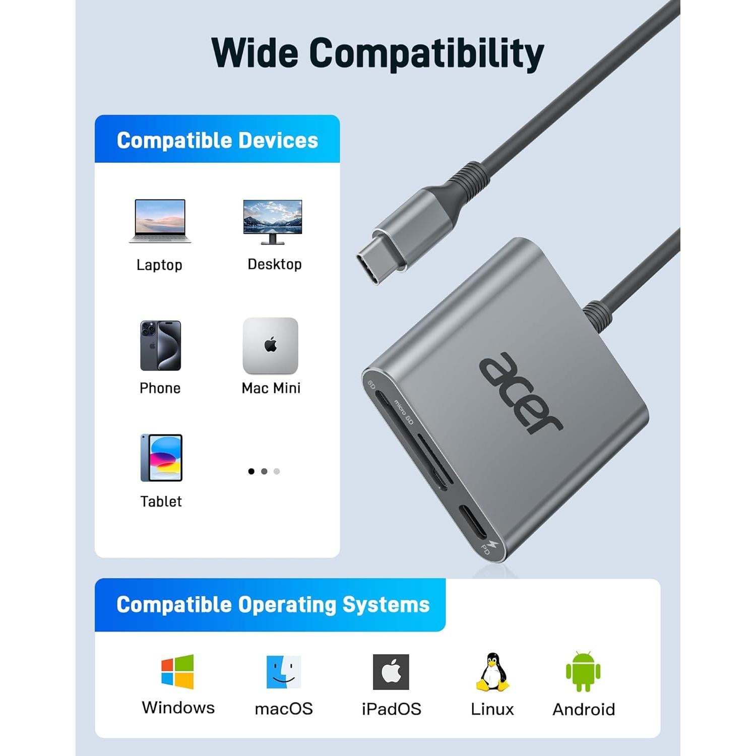 Lector de Tarjetas Acer ODK450 USB-C 4.0 Doble Ranura 100W