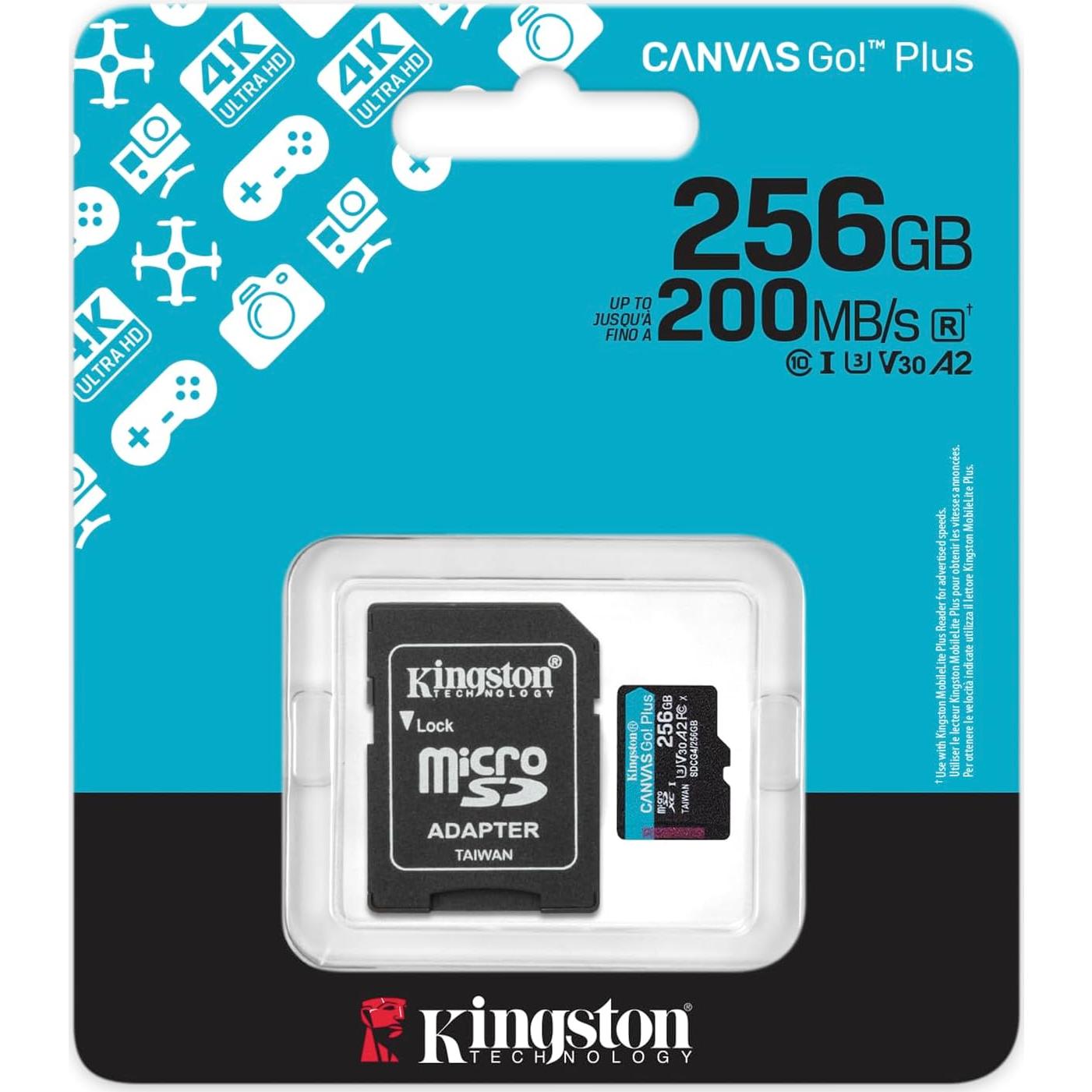 Tarjeta microSD Kingston Canvas Go Plus 256GB | 200MB/s | UHS-I U3 V30 A2