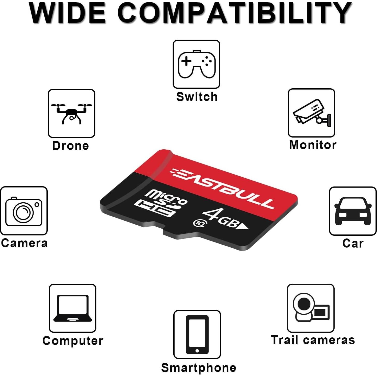 EASTBULL 4GB 10-Pack of Micro SD Card, 4GB SD Cards Pack Full HD Video 90MB/s UHS-I U1 Micro SDHC Class 10 for Surveillance Security Cam (10 Units and 2 Adapters)