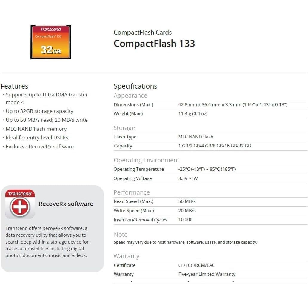 Tarjeta de Memoria CompactFlash Transcend 2GB MLC 50MB/s