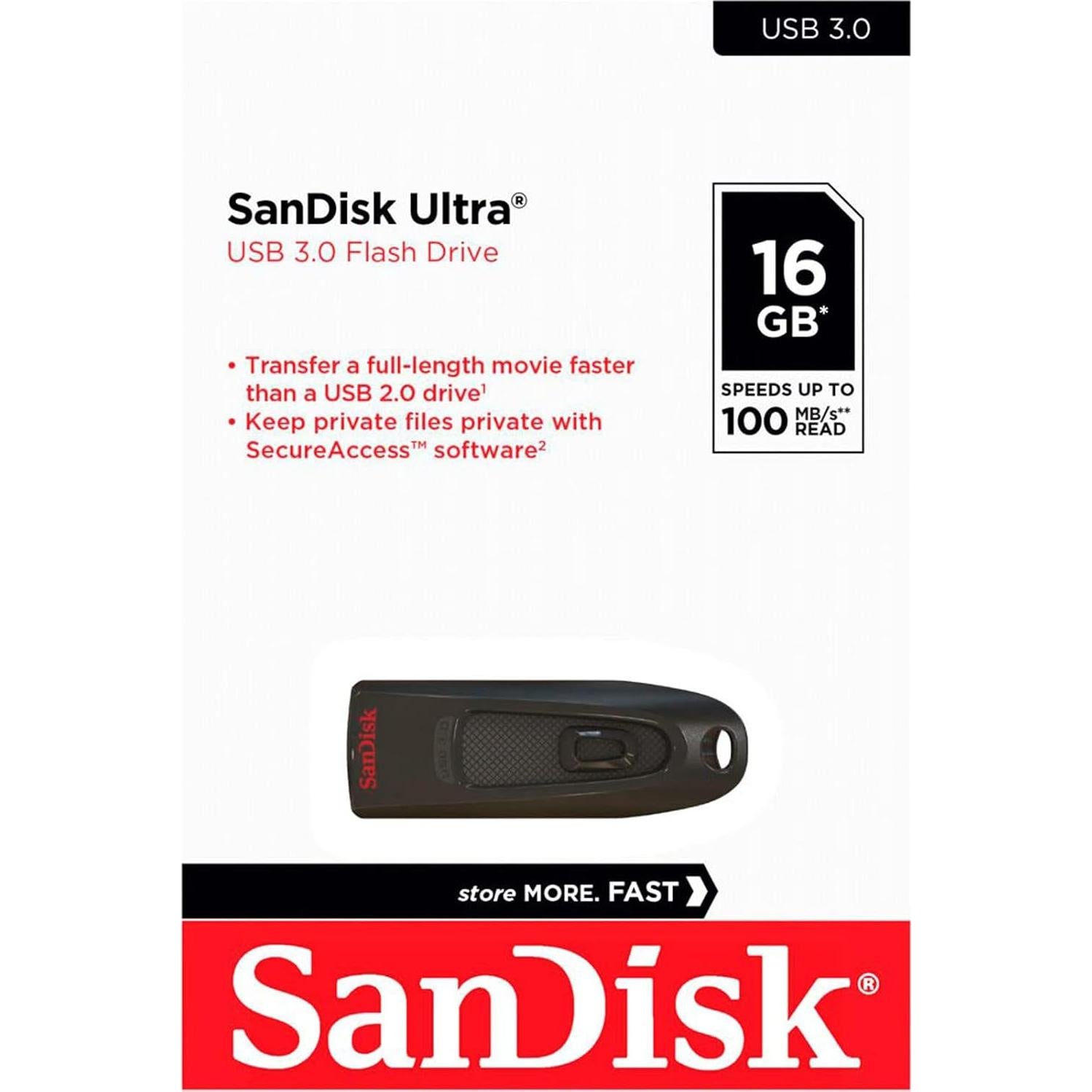 SanDisk Ultra 16GB USB 3.0 Flash Drive 100MB/s (Paquete de 5)