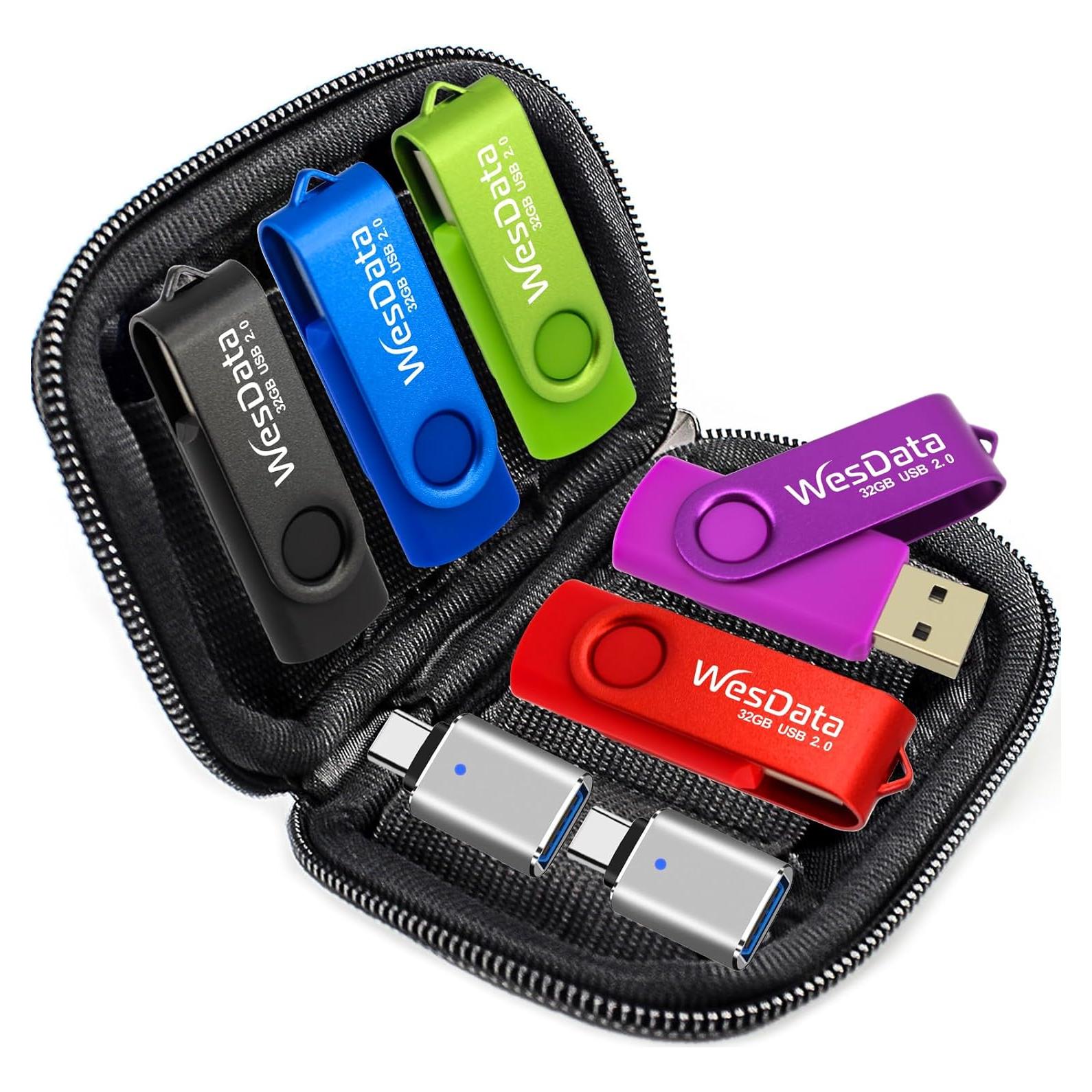 Paquete de 5 USB 2.0 64GB + 2 Adaptadores USB C WesData