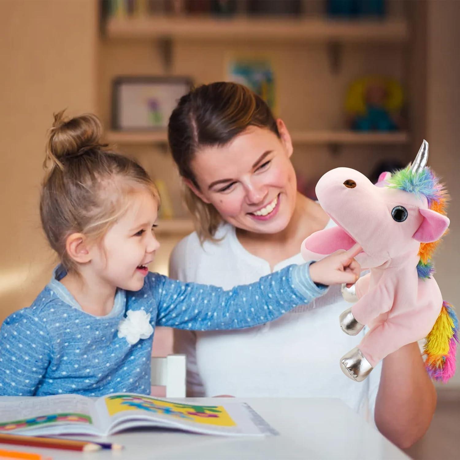 Títere de Mano Unicornio JUSTQUNSEEN Peluche Rosa 22x21cm