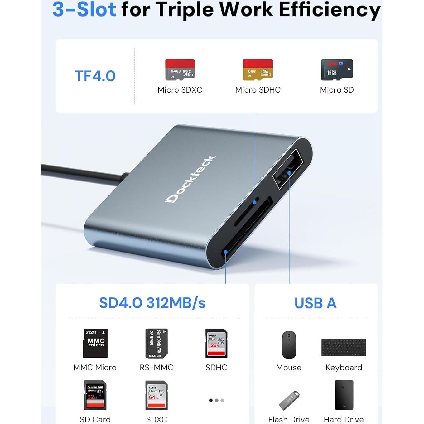 Lector de Tarjeta SD Dockteck USB-C 312MB/s 3 en 1