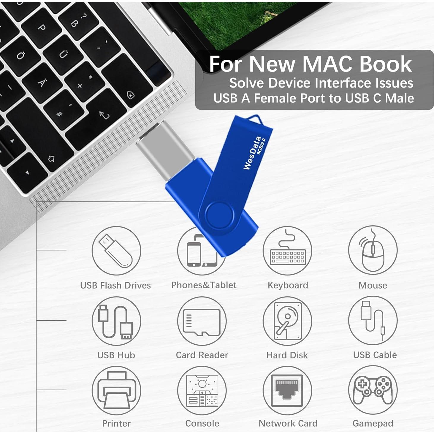 Unidad Flash USB 2.0 8GB WesData con Adaptador USB C Azul