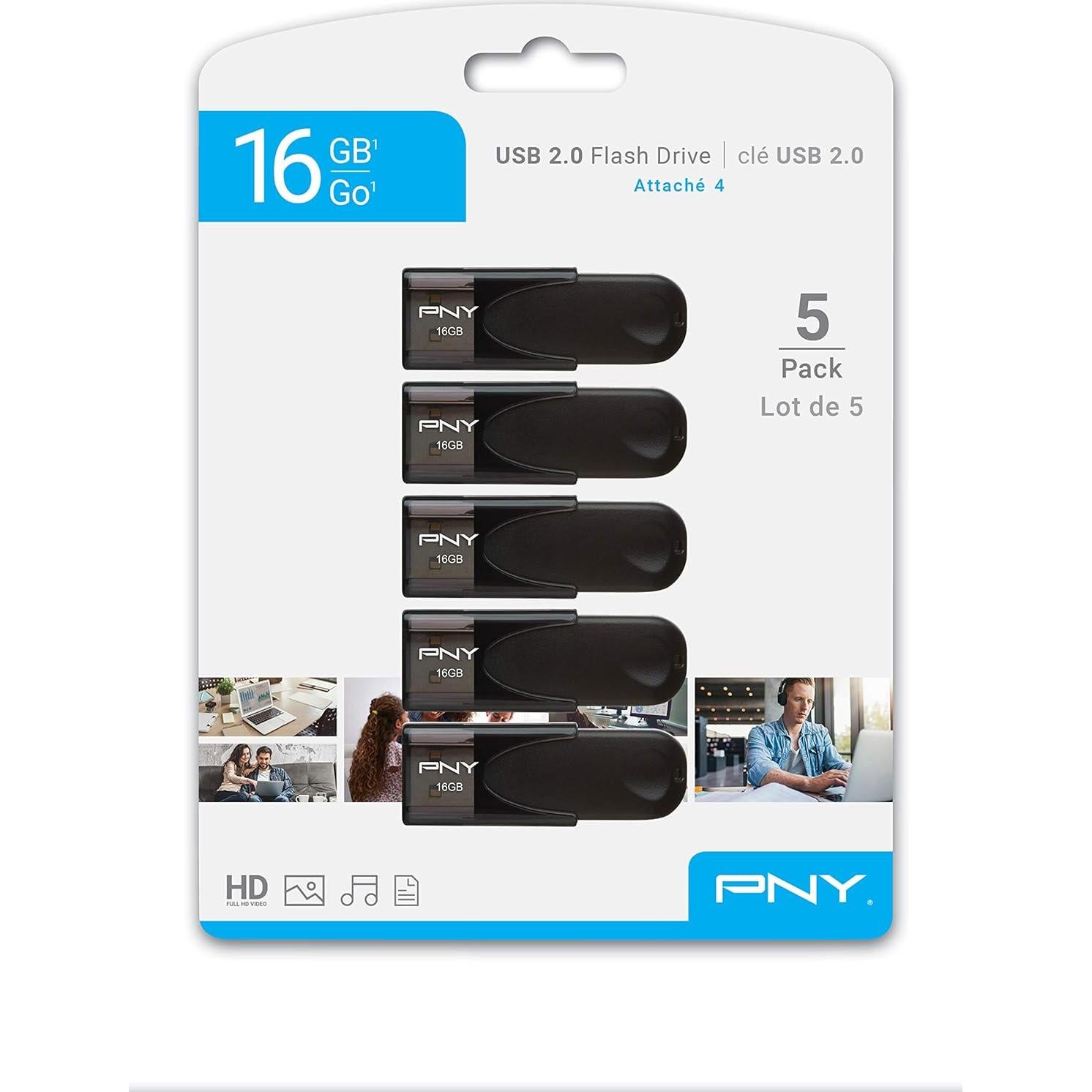 PNY 16GB Attaché 4 USB 2.0 - Paquete de 5 Unidades