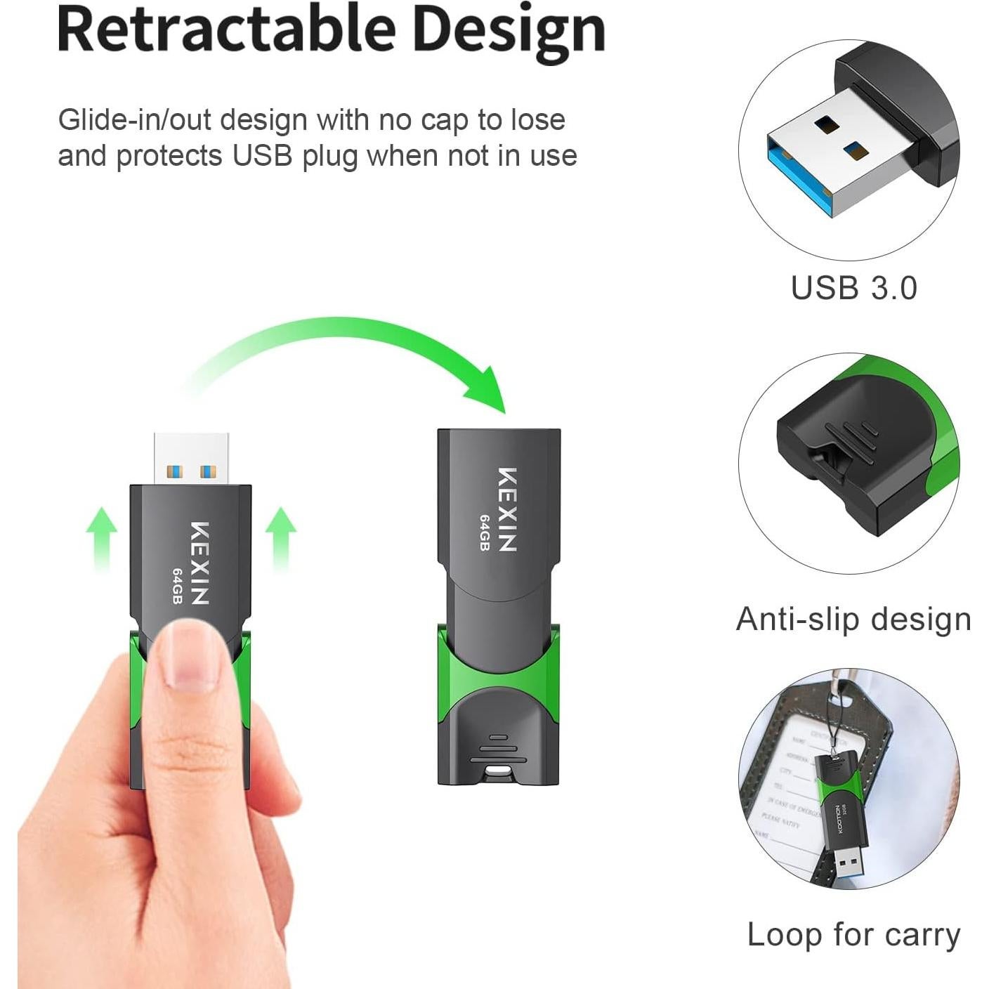 KEXIN Unidad Flash 64GB USB 3.0 Paquete de 5 Colores Mezclados