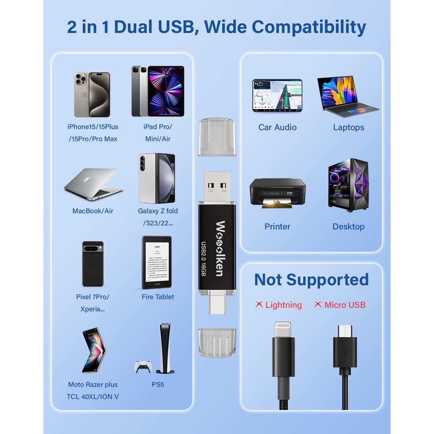 Paquete de 20 USB C 16GB Wooolken Doble Tipo-C y USB-A