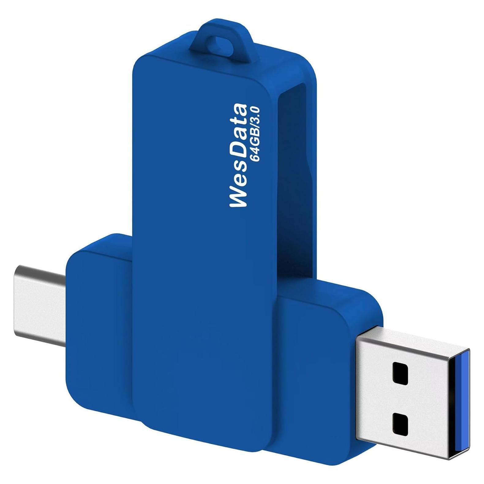 64GB 3.0 USB C Flash Drive with Type C and Type A Port, USB C Thumb Drives Storage and Backup for Smart Phones with OTG Function and Type C Port, Laptops, MacBook, PC(Blue)