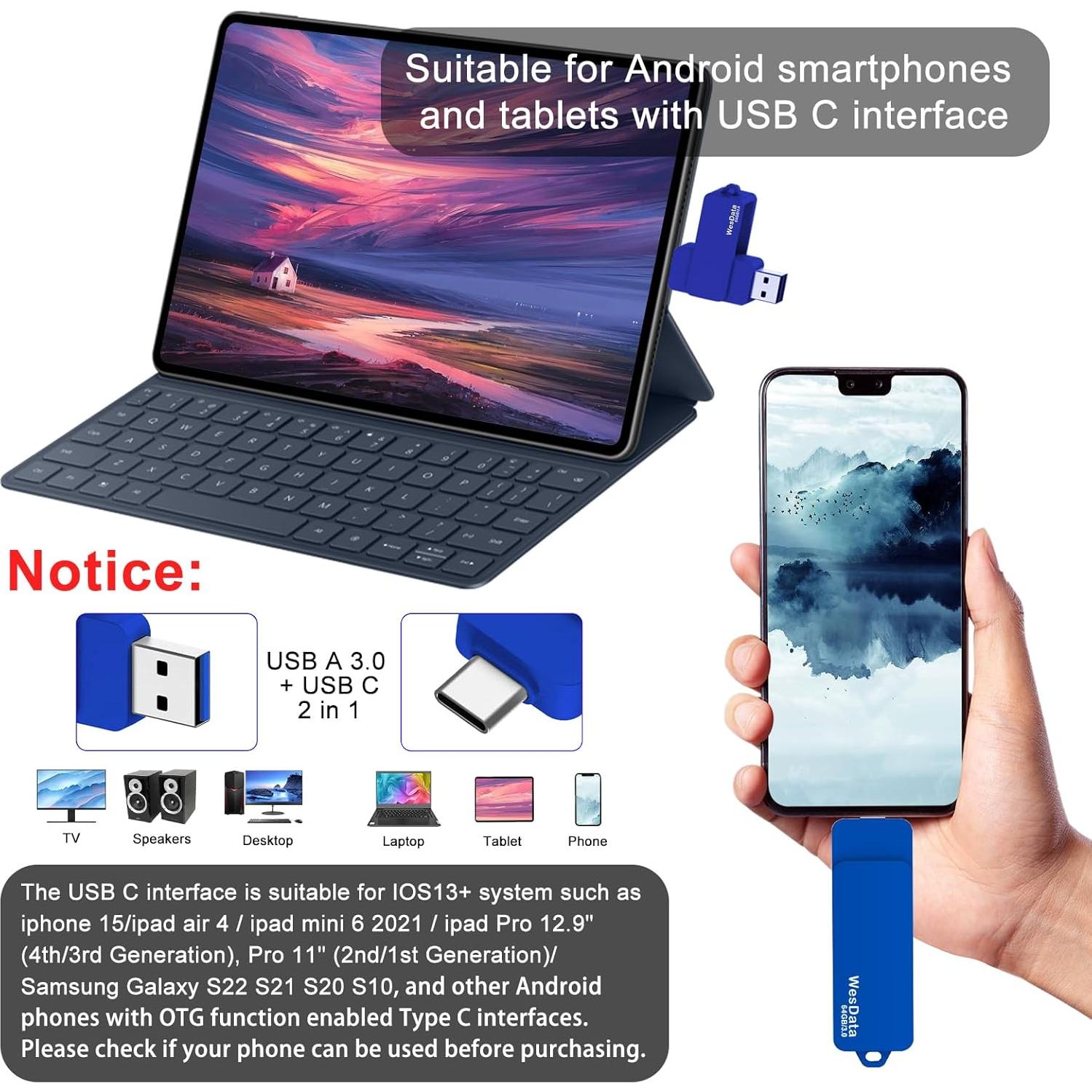 64GB 3.0 USB C Flash Drive with Type C and Type A Port, USB C Thumb Drives Storage and Backup for Smart Phones with OTG Function and Type C Port, Laptops, MacBook, PC(Blue)