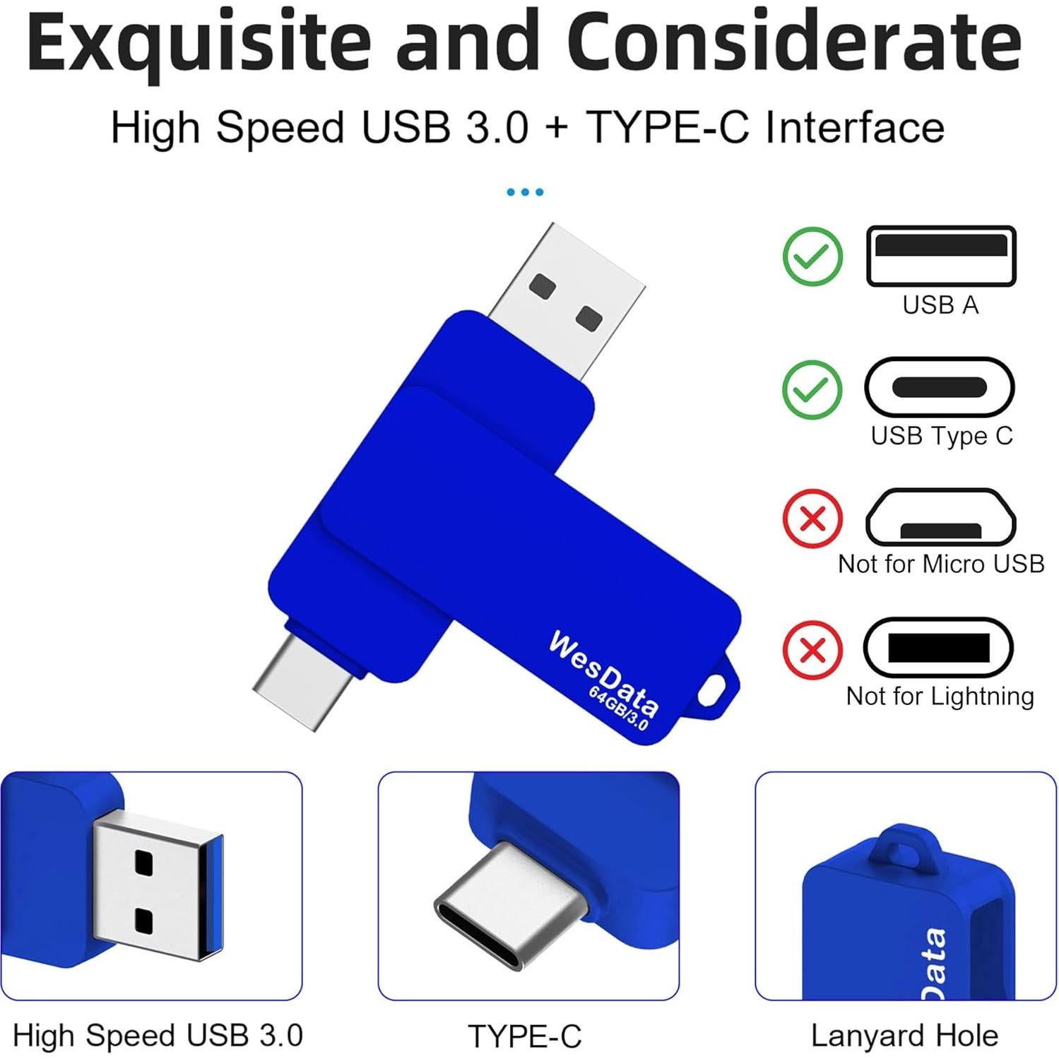64GB 3.0 USB C Flash Drive with Type C and Type A Port, USB C Thumb Drives Storage and Backup for Smart Phones with OTG Function and Type C Port, Laptops, MacBook, PC(Blue)